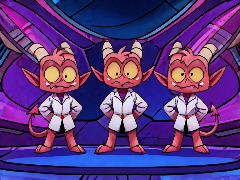 (masterpiece, best quality:1.2), Group of Imp´s, confused face, wearing scientist clothes, stading, full body image, looking up in confusion, futuristic purple laboratory background