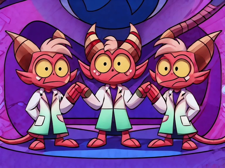 (masterpiece, best quality:1.2), Group of Imp´s, confused face, wearing scientist clothes, stading, full body image, looking up in confusion, futuristic purple laboratory background