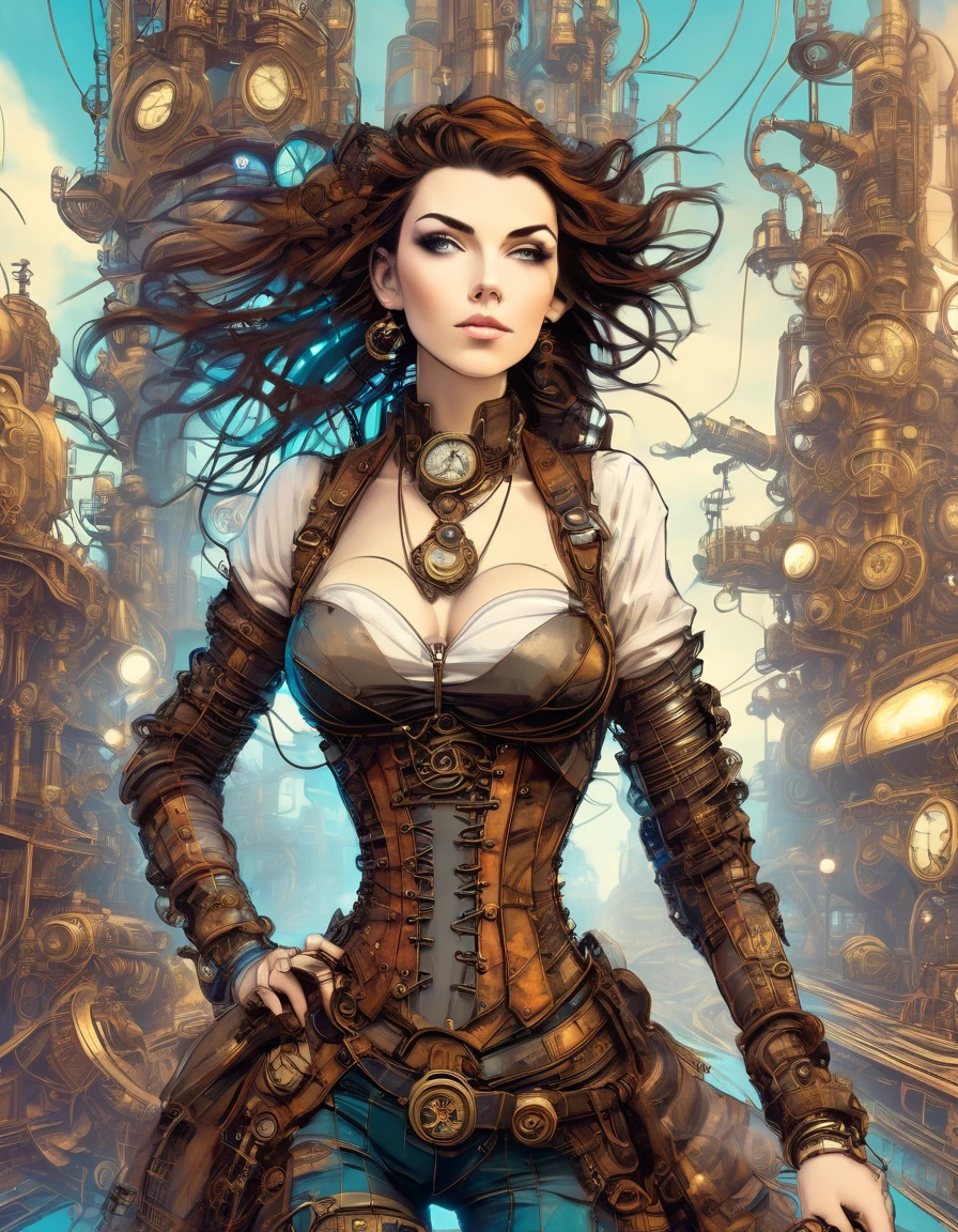 best quality, masterpiece, 1girl, mature, asian, steampunk, white dress, leather corset, cleavage, tophat, goggles on headwear, leather gloves, leather boots, glasses, 3D Western Anime Style, standing on podium, ((press conference)), microphones, steampunk buildings, beautiful forest surroundings, afternoon scenery, men and women standing, 4K Resolution, High-resolution,