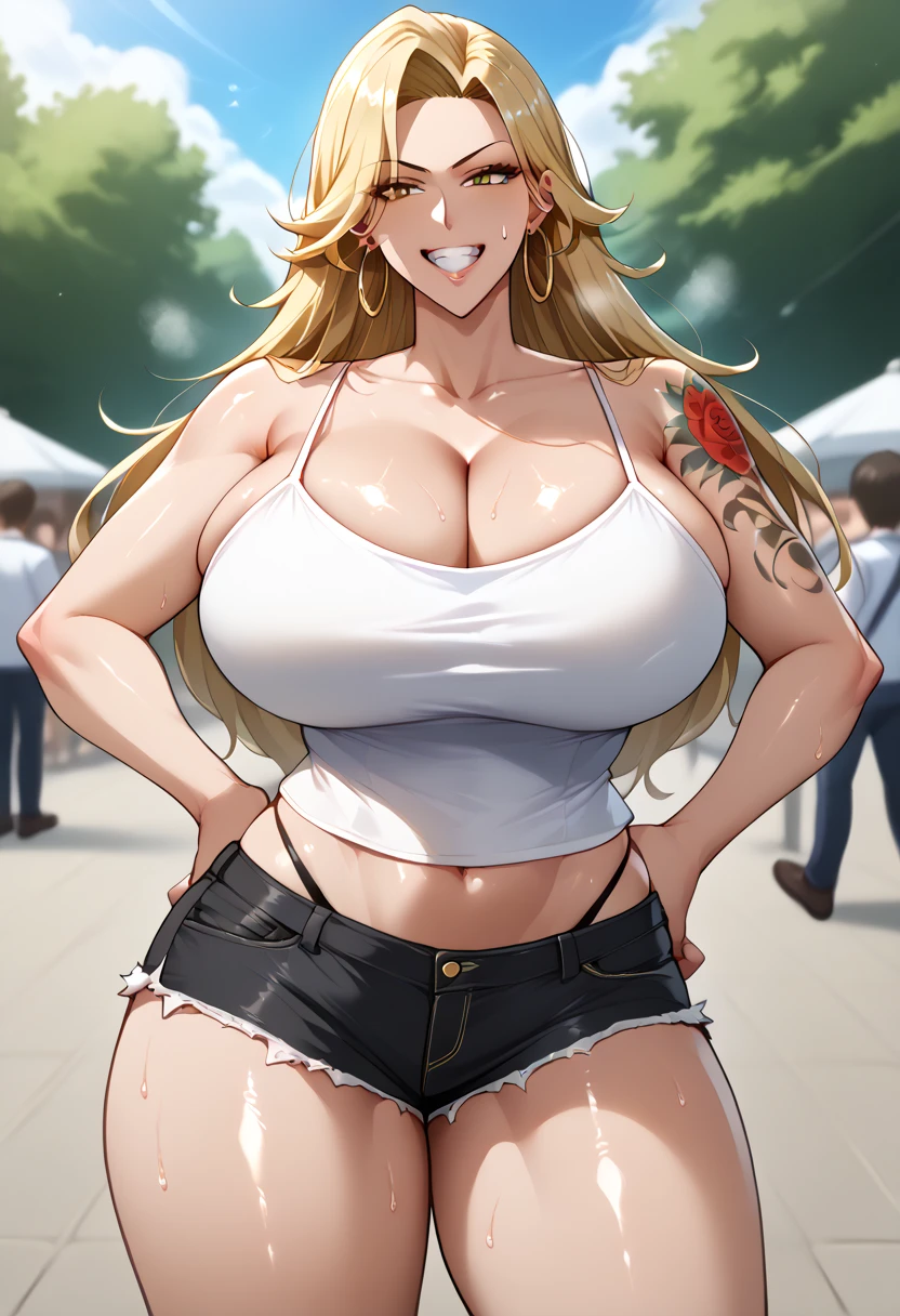  detailed face ,  Detailed Body Rendering ,  1 girl in uniform, Alone、  Masterpiece ,  High Quality , 8k,  1 girl in uniform,,   hoop earrings , depth of field, standing,shiny skin, (micro shorts)、Blonde,  long hair,  golden eyes,   standing、 teeth are growing in the gap between my breasts and I'm laughing,  1 girl in uniform, ((from front,)), sweat, {{{ steam}}},  thick thighs,  skinning , sweatばむ,{{{{{ game cg}}}}},, 最 High Quality ,  great quality,  Very Sophisticated , , shiny skin,((Big Breasts:1.2)),( Black Camisole),Midriff Peak , cleavage,cute,slouch,hands on hip,Tattoos on the chest and abdomen