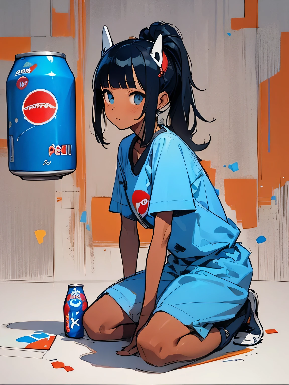 (looking at viewer),(seiza),solo,model pose,white ponytail,blunt bangs,(dark skin),giraffe headgear, have a (pepsi cola can), the savannah, the blue sky, (pepsi design world:1.3),(manga atyle),(sketch),(illustration)