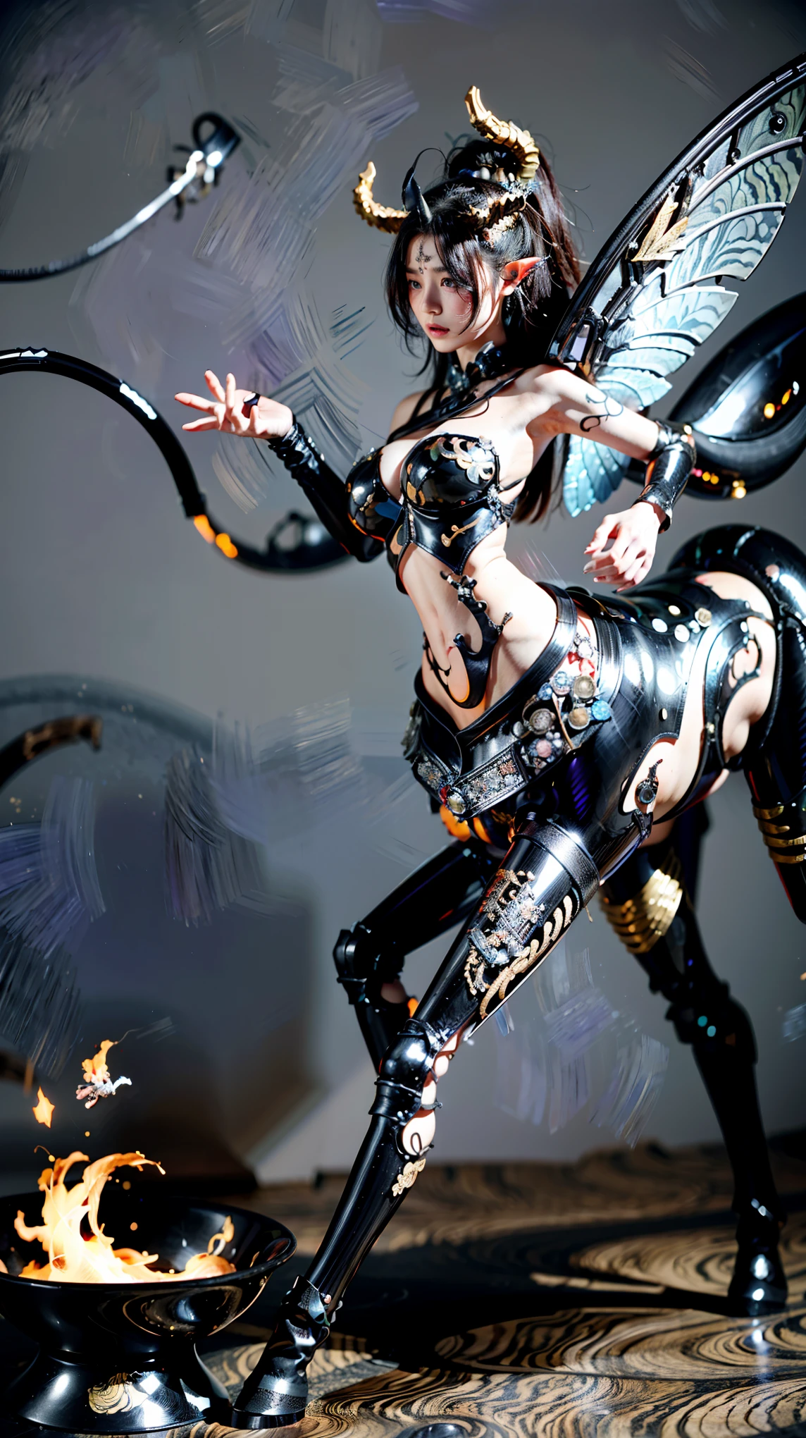 Beautiful girl fused with a scorpion。((Scorpion tail))。。body wrapped in a hard shell。Insect paws from behind。Both hands become scissors。Girl with a tail。Turn your body towards us。