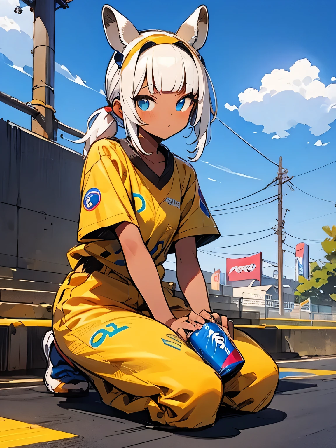 (looking at viewer),(seiza),solo,model pose,white ponytail,blunt bangs,(dark skin),giraffe headgear, have a (pepsi cola can), the savannah, the blue sky, (pepsi design world:1.3),(manga atyle),(sketch),(illustration)