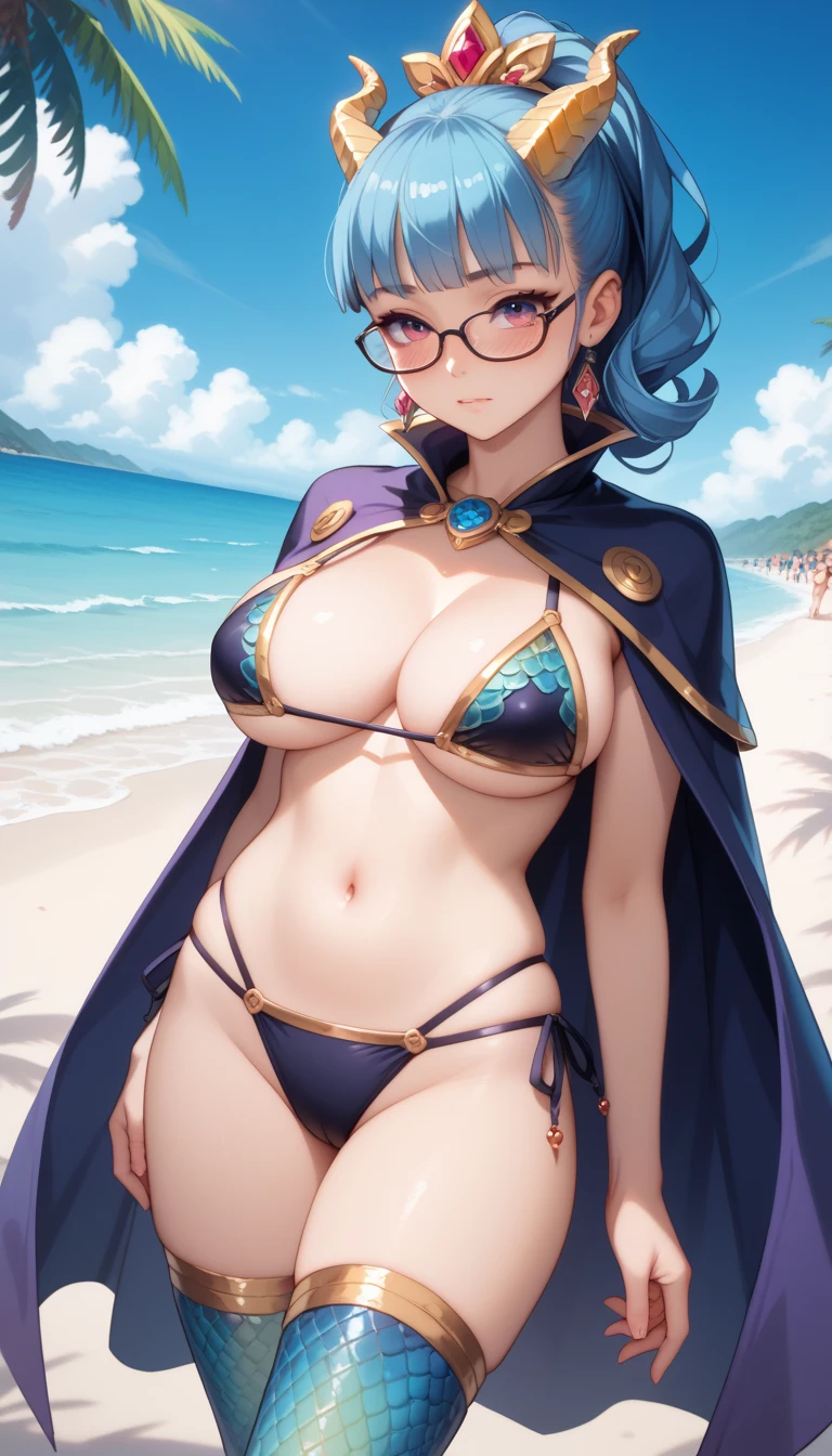 masterpiece, best quality, highly dramatic picture, beautiful eyes, cinematic lens effect, big beautifully shaped breasts, ultra cute, ultra sexy, ultra bouncy , ultra curvy, horny, pervert, dutch angle, ((Supermodel)),  ((Busty Bitches)), ((Darksiders)), 1girl, anime, ecchi, dragon scale bikini, Blue hair, glasses, colourful jewellery , distressed expression, body shot, dark magic , cape, aura, beach, fantasy character , snakeskin stockings, faint blush 