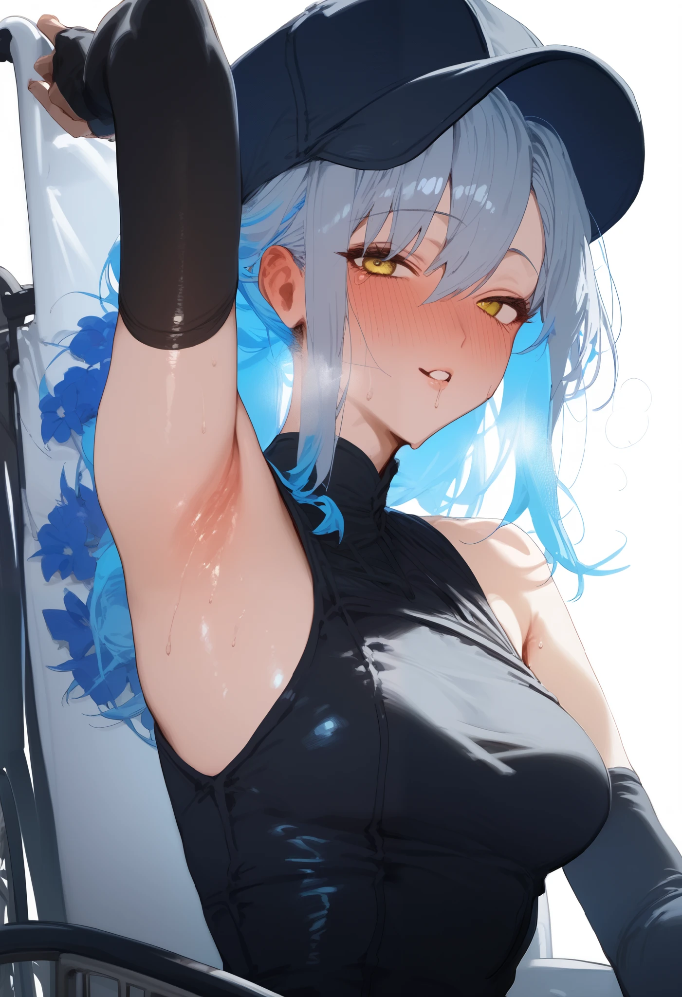 score_9, score_8_up, score_7_up, score_6_up, source_anime,1girl, breasts, yellow eyes, solo, armpits, inner colored hair, blue hair, hat, long grey hair, looking at viewer, sweat, upper body, gloves, parted lips, sleeveless, medium breasts, arm up, naughty face, groan, ahegao, shocked, small breasts, sleeveless shirt, blush, elbow gloves, shirt, white background, fingerless gloves, flower, bare shoulders, black gloves, presenting armpit, simple background, sitting on wheelchair,sitting,wheelchair, deep_negative_pony, NEGATIVE_HANDS, PonyScores