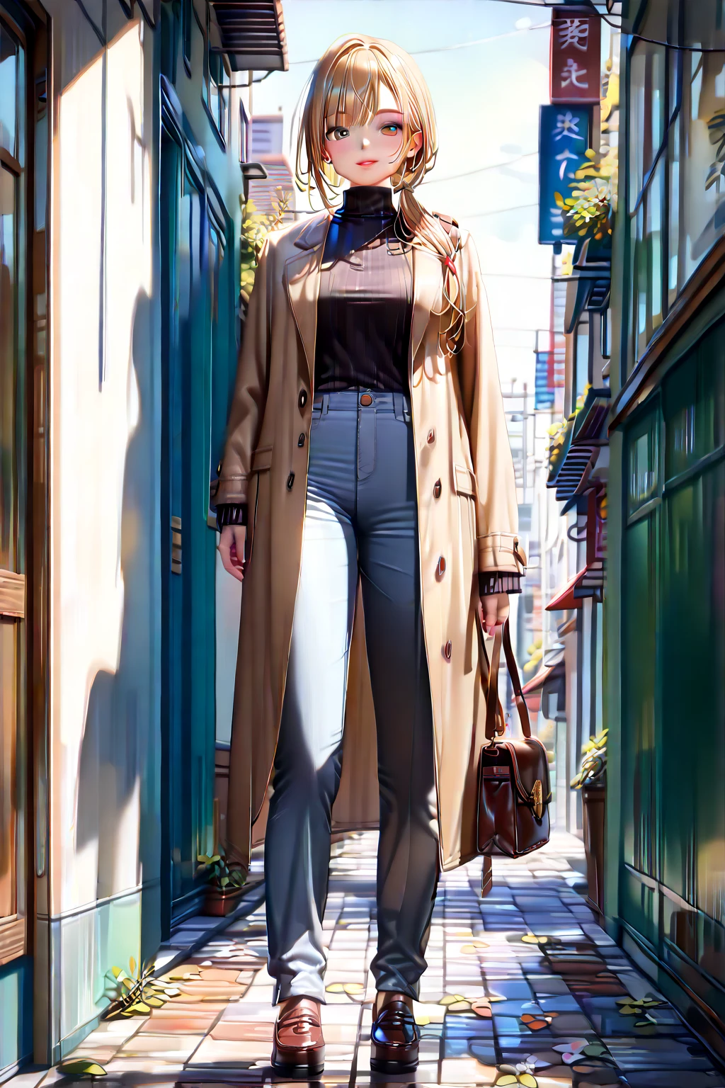 (masterpiece, best quality:1.5), (ultra detailed, high resolution, 8k, beautiful detailed, UHD, best anatomy), (full shot:2), simple background, Brown Low Ponytail hair, 1 girl, Monotone Stylish Look, Black turtleneck sweater, gray wide pants, platform loafers, black long wool coat, mini shoulder bag, front view