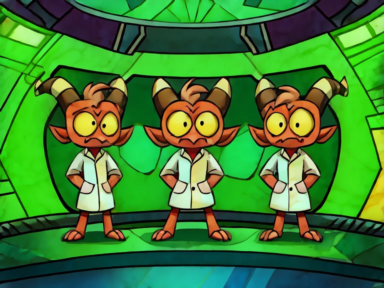 (masterpiece, best quality:1.2), Group of Imp´s, confused face, wearing scientist clothes, stading, full body image, looking up in confusion, futuristic laboratory room background