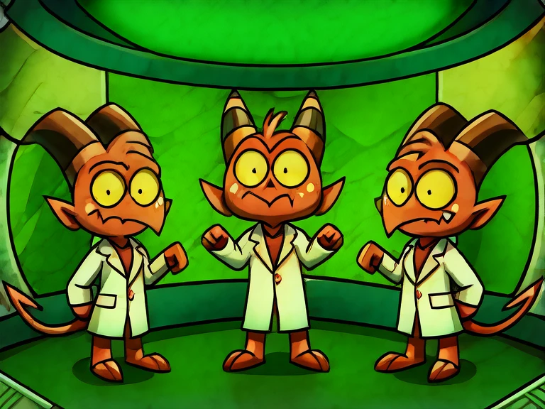 (masterpiece, best quality:1.2), Group of Imp´s, confused face, wearing scientist clothes, stading, full body image, looking up in confusion, futuristic laboratory room background