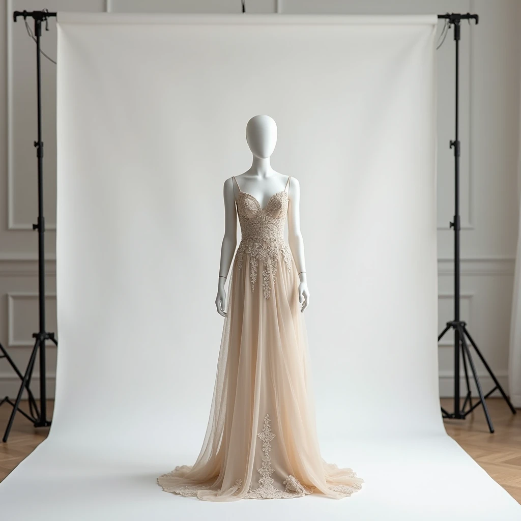 lifestyle photography of curvy model with clothes drawn on, standing nude wearing line dress, natural big eyes, full body, long blonde hair, highly detailed, standing in tailors shop being measured for a dress, bounced lighting <lora:Lines_Clothes_XL:1>