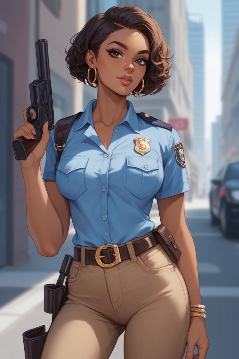 girl with dark skin and light brown afro,full luscious lips with sunglasses obscuring eyes, wearing a police uniform with no sleeves , sitting on top of police car, arm behind head, <lora:GoodHands-vanilla:1>