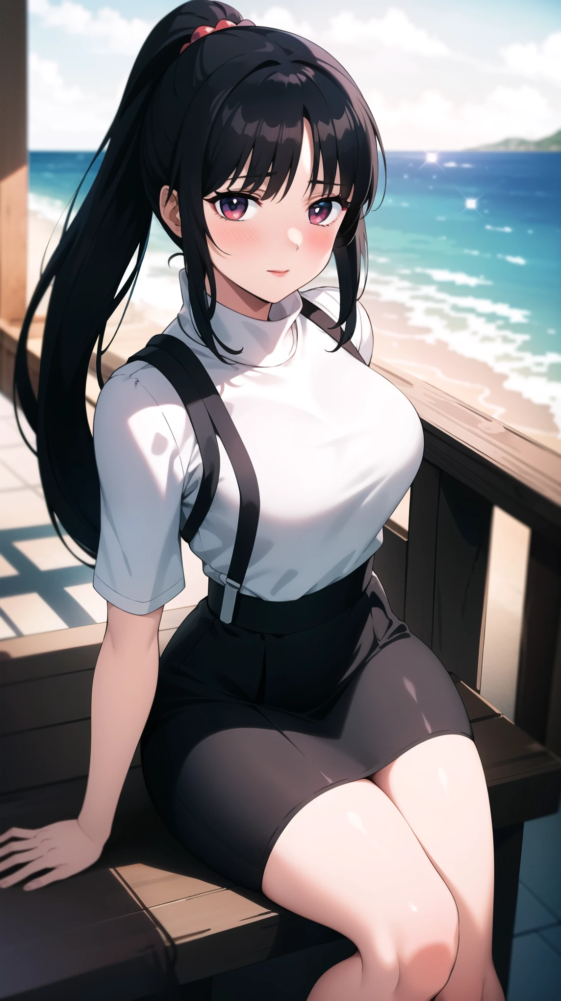 romantic date to the seaside, full moon background, lady in love, unsure, diffident, timid, shy, coy, full body, portrait,white mono turtleneck sweater vest, long black tight skirt, hair clip, hair ornament, red eyes:1.5, red pupils:2.0, red lips:1.2, straight cut bangs, brunette hair, black hair, long hair, ponytail, bottom ponytail, 1 girl, 18yo, young female, cute girl, blush:1.5, slim body, curvy body, beautiful finger, Beautiful long legs, Beautiful body, Beautiful Nose, Beautiful character design, perfect eyes, perfect face, expressive eyes, perfect balance, looking at viewer,(Focus on her face),closed mouth, (innocent big eyes:1.0),(Light Smile:0.3),official art, extremely detailed CG unity 8k wallpaper, perfect lighting, Colorful, Bright Front face Lighting, White skin,(masterpiece:1.0),(best quality:1.0), ultra high res,4K,ultra-detailed,photography, 8K, HDR, high-res, absurdres:1.2, Kodak portra 400, film grain, blurry background, bokeh:1.2, lens flare, (vibrant color:1.2),professional photograph,(beautiful , beautiful breasts, perfect breasts, natural breasts:1.0), (beautiful face:1.5),(narrow waist),