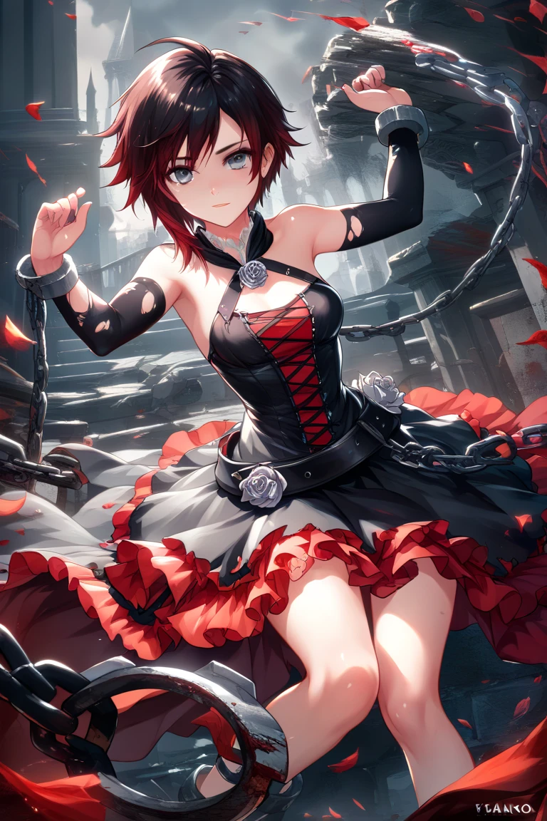 Ruby Rose, Ruby Rose,  corto,  Black hair, redhead, (grey eyes:1.5),
Break dress, shackles, layer,
Break looking at viewer,
Break outdoors,
Break ( Masterpiece:1.2), Of the highest quality, high resolution, 8k unit wallpaper, (form:0.8), ( Fine and beautiful eyes :1.6),  very detailed face, perfect lighting, Highly detailed CG, (manos perfectas, perfect anatomy),