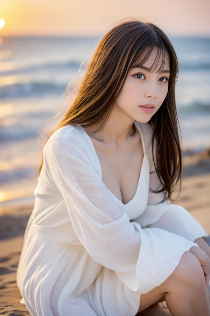 highest quality, hyper realistic HDR raw photo, 1 very beautiful Japanese idol. a clean white summer dress, squatting on the sunset beach at the sea. The deep indigo of the night sky contrasts with the last vestiges of crimson near the horizon, with swaying waves in the background, semi long hair, slender lissome figure, good round shaped middle breasts, detailed 美しい切れ長の大きな eyes, detailed beautiful face, sophisticated nose, realistic and delicate and finely detailed quality photo, suitable for a fashion magazine cover, cinematic lighting and soft light to enhance her features, Ensure the photo is of the highest quality, 16K, making it perfect