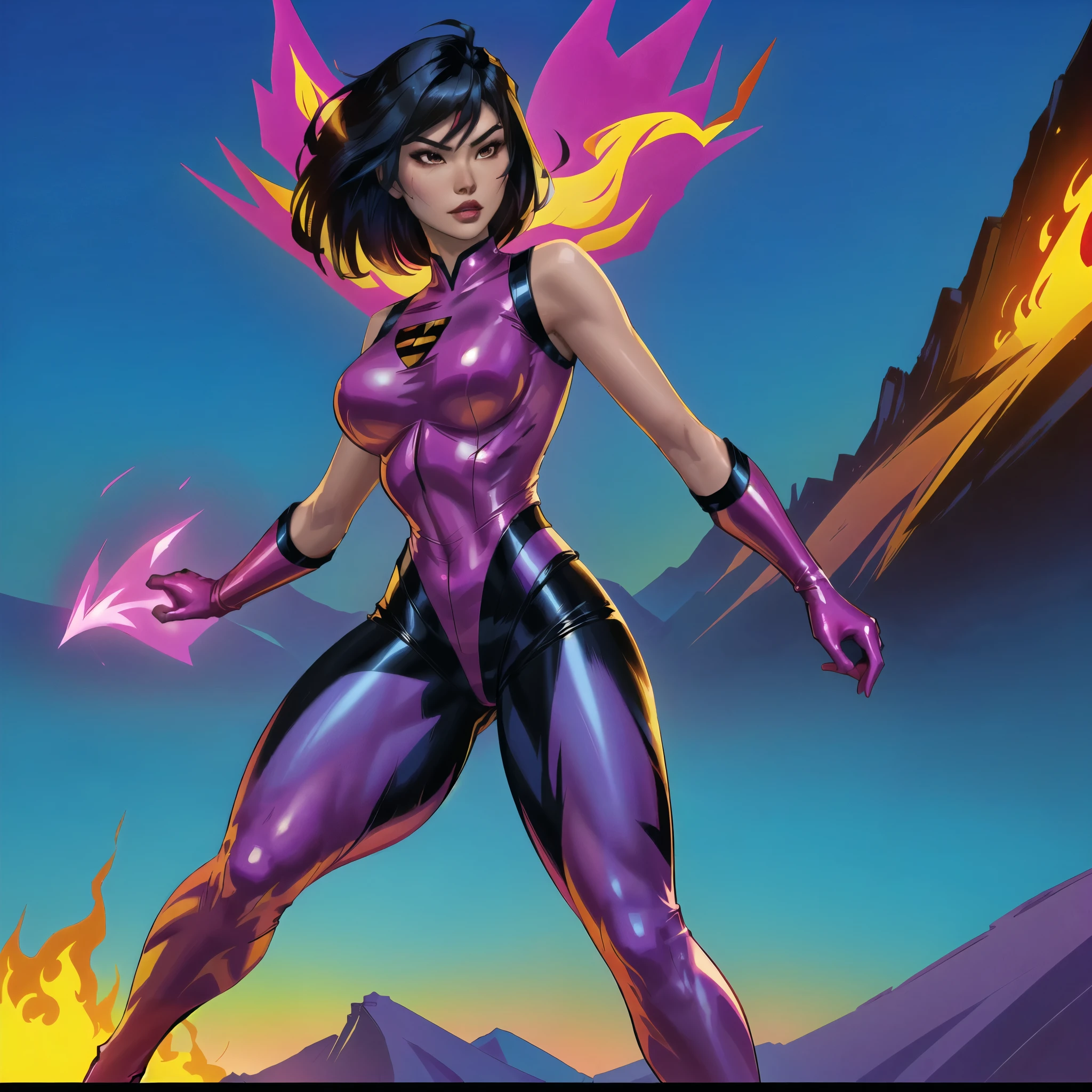 (solo) An asian female superhero with medium length black hair wearing a fuchsia latex costume in a fiery distopic apocalyptic landscape. Action pose. Comic book style. Thick inked outlines 