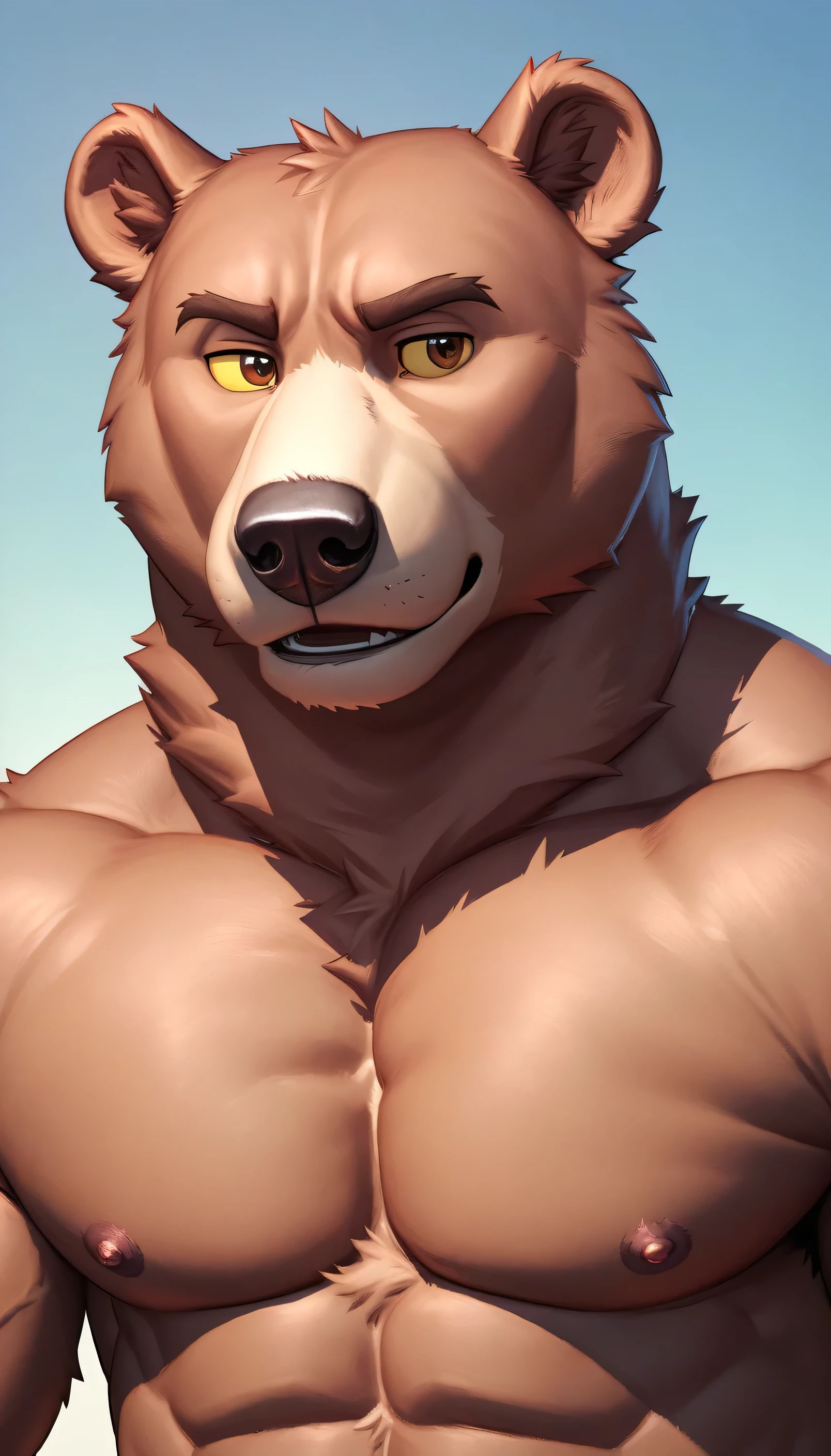 Close up, wet, sweating, solo, (ultra detailed), a beautiful and detailed full size portrait of a male bear, ((dark gray body, gray skin,40 yearls old)), bedroom eyes, voluptuous, looking at viewer, detailed eyes, big body, muscular figure, voluptuous, sexy body, (wide body), kenket, Ross Tran,ruan jia, vip, trending on artstation,foxovh, cenematic lighting, big , big , big , full body,  smile, blush, raining outside, dirt ground, little rocks, fenced around, fence wall, inside old medieval cabin, trees, massively hung, aroused, massive genitals 
