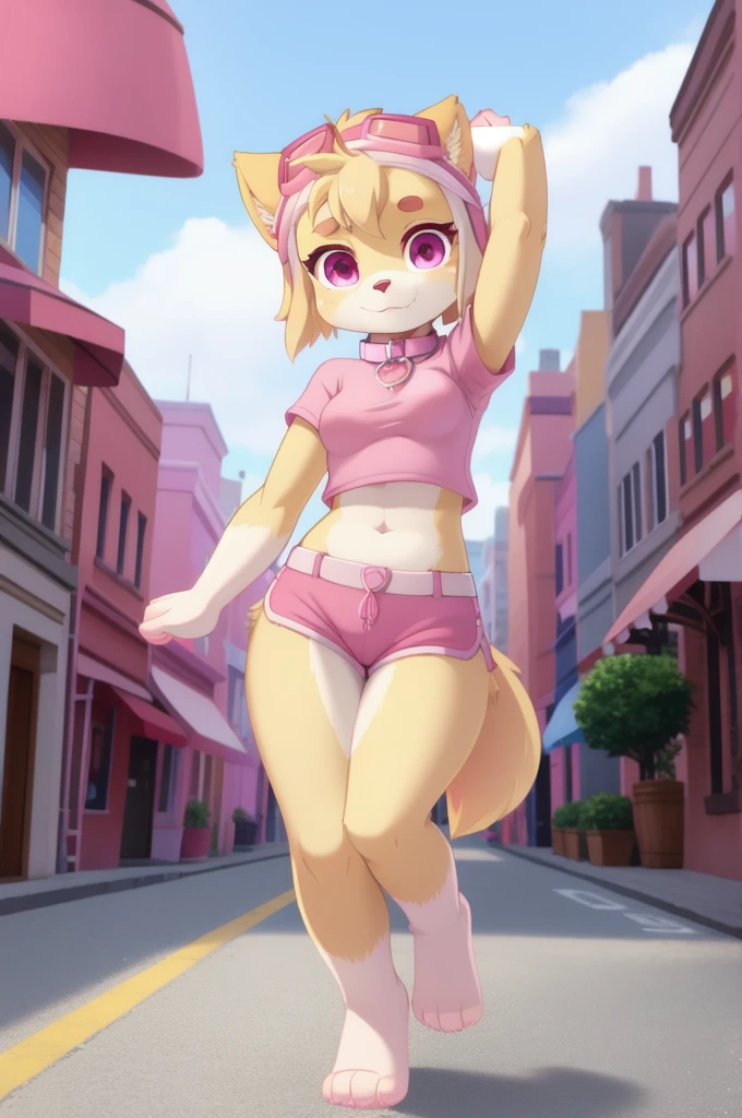 Skye, dog, furry female, anthro, body fur, small breasts, ((pink pilot hat, goggles, pink shirt, collar,  midriff, pink short thights)), detailed body fur, detailed face, detailed eyes, glistering body, shiny body, gorgeous body, masterpiece, full body, feets with three toes, 3 toes, street, clear sky, full body, :3, athletic body, looking at you, standing,