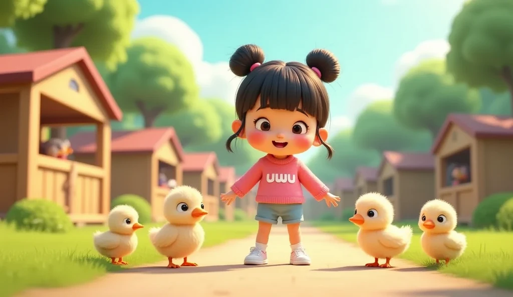 "A 3D Pixar animation scene featuring Uwu squatting down to observe ducklings in a vibrant farm setting with animal pens in the background. Uwu, a girl with her hair in two buns on top and bangs, clear hair fiber, wearing a pink sweater with 'uwu' written on it, blue shorts, short socks, and white sneakers, has flushed cheeks and an amazed expression as she watches a group of ducklings waddling near her. The background includes wooden pens housing other farm animals, such as goats and chickens, with green grass and a sunny, cheerful sky. The color palette is soft pastel, creating a friendly and lively farm atmosphere."