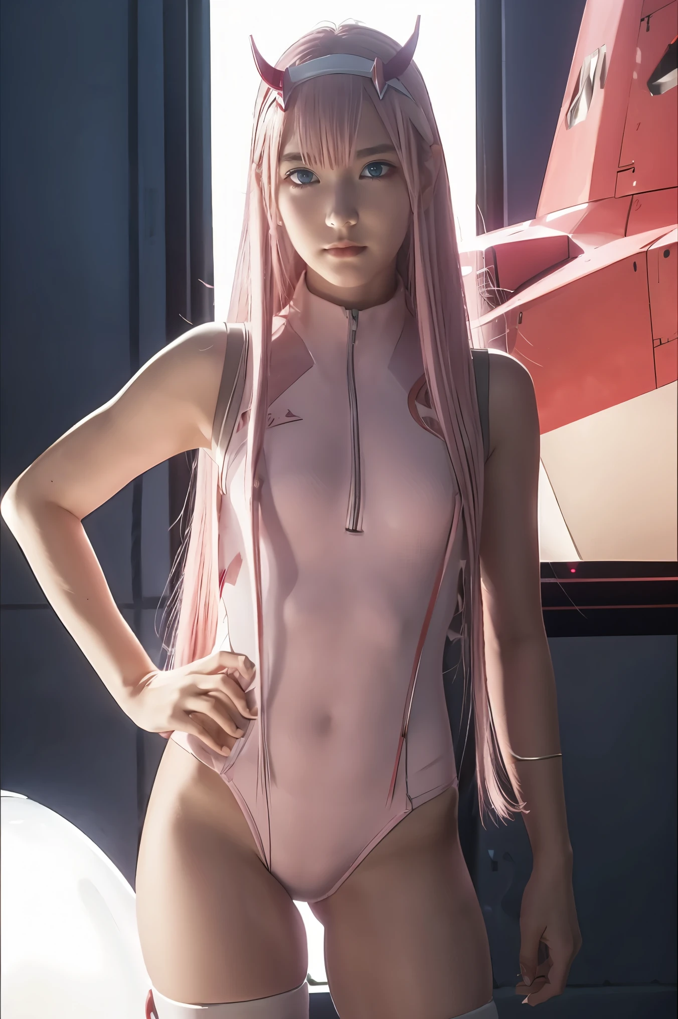 dynamic angle,ultra-detailed, illustration, straight on, 1girl, ((Zero two, interface headband with a pair of horns, red bodysuit:1.4, pink hair)), Her eyes shone like dreamy stars,(glowing eyes:1.233),(beautiful and detailed eyes:1.1),(expressionless, closed mouth),(standing), (mechanic room with tools and spaceship window in a white SPACESHIP), (night:1.2), dreamy, [[delicate fingers and hands:0.55]::0.85],(detail fingers), smirk,