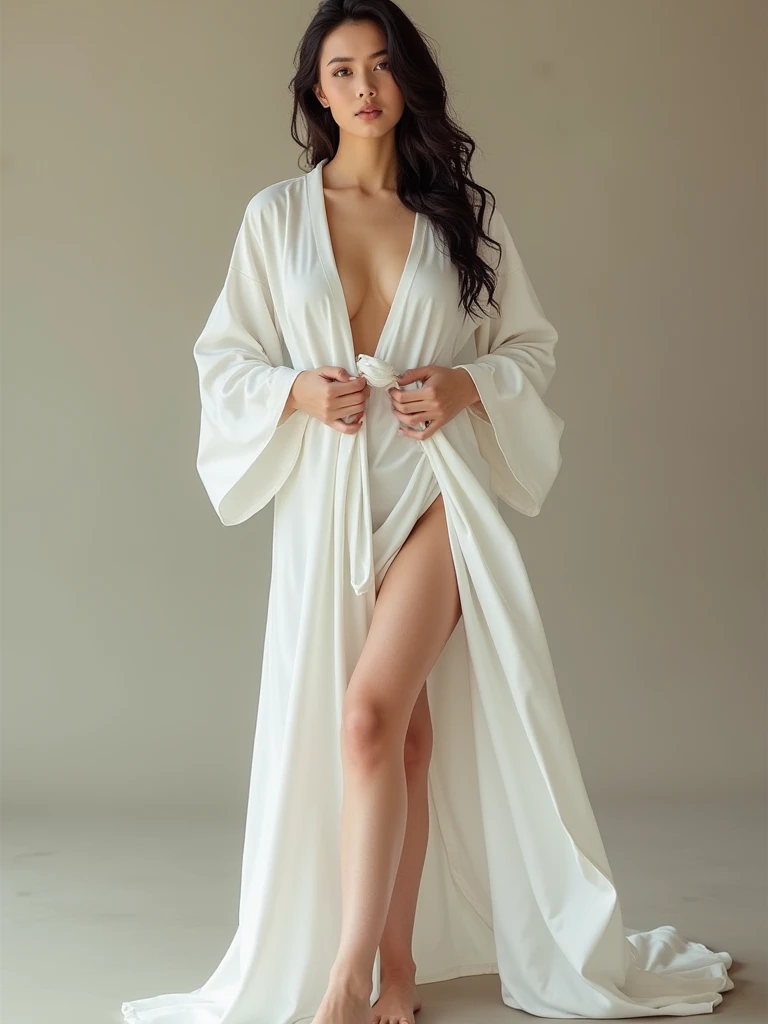 Create an image of a sexy and attractive nurse with a perfect body, standing at 175cm tall. The nurse should be wearing a medical robe that reveals her cleavage, and her dark brunette hair should be long and slightly wavy, cascading down her back in flawless waves. The image should be captured in perfect light using a Canon R6 camera, with a focus on showcasing the nurse's natural beauty and allure. The setting should be a professional photoshoot, with a clean and modern aesthetic