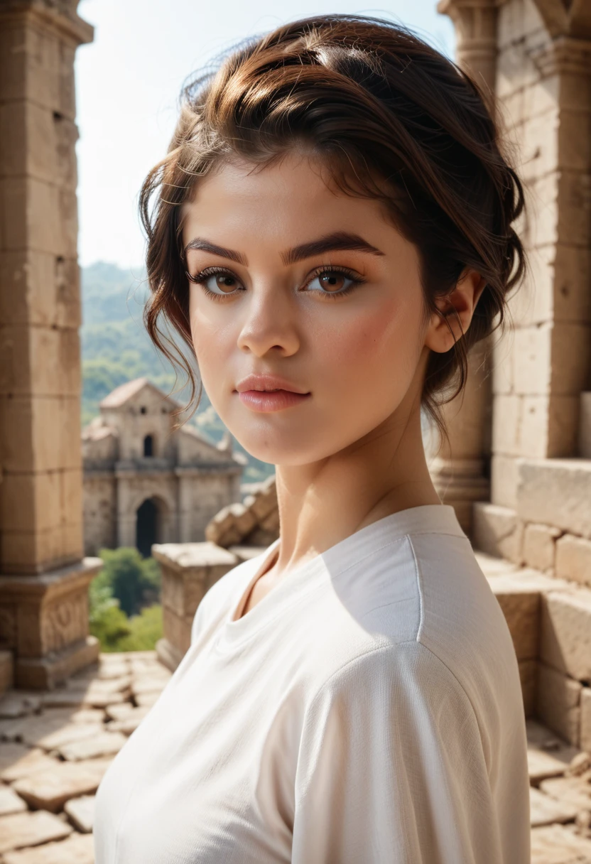 s3lenag0me, brown hair, brown eyes, white toga in roman ruins, masterpiece, dramatic lighting, detailed background, (depth of field), Selena Gomez