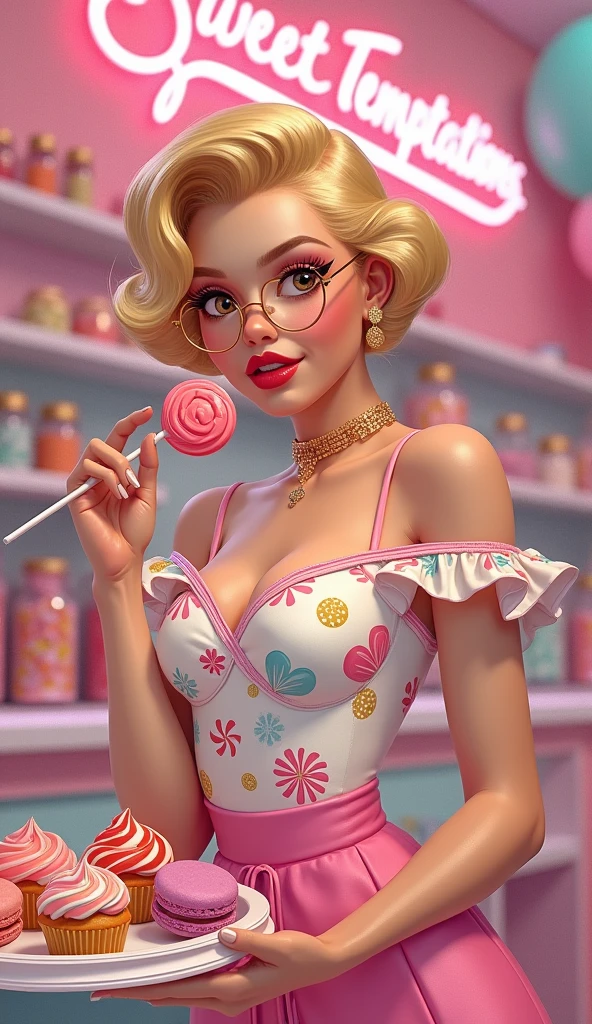 high quality, masterpiece, Cameron Diaz candybar, sour candy, sweets, lollipops, sprinkles, berries, showing clevage, nipple poke,full of candies