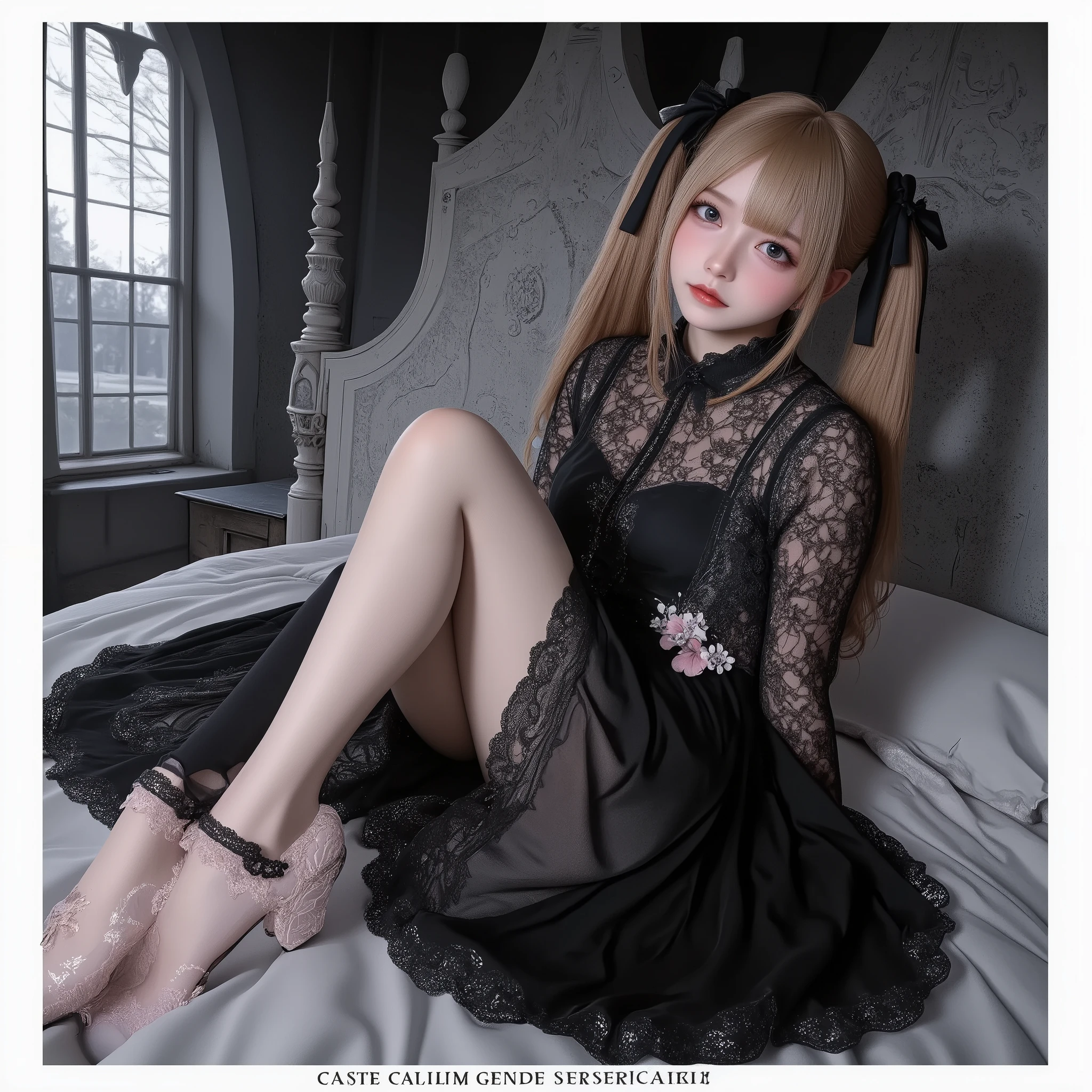 1girl,Jiraikei_Fashion_Flux, sits atop a grand, medieval bed in a dimly lit, ominous castle. Her legs are crossed confidently, and she wears a dark lace dress adorned with pastel pink accents. Her blonde twin tails tied with black ribbons gently fall over her shoulders,**Focus on her back during the scene,**Jiraikei,upper body,from behind,dark medieval castle, foreboding atmosphere, crossed legs**.white background,simple background