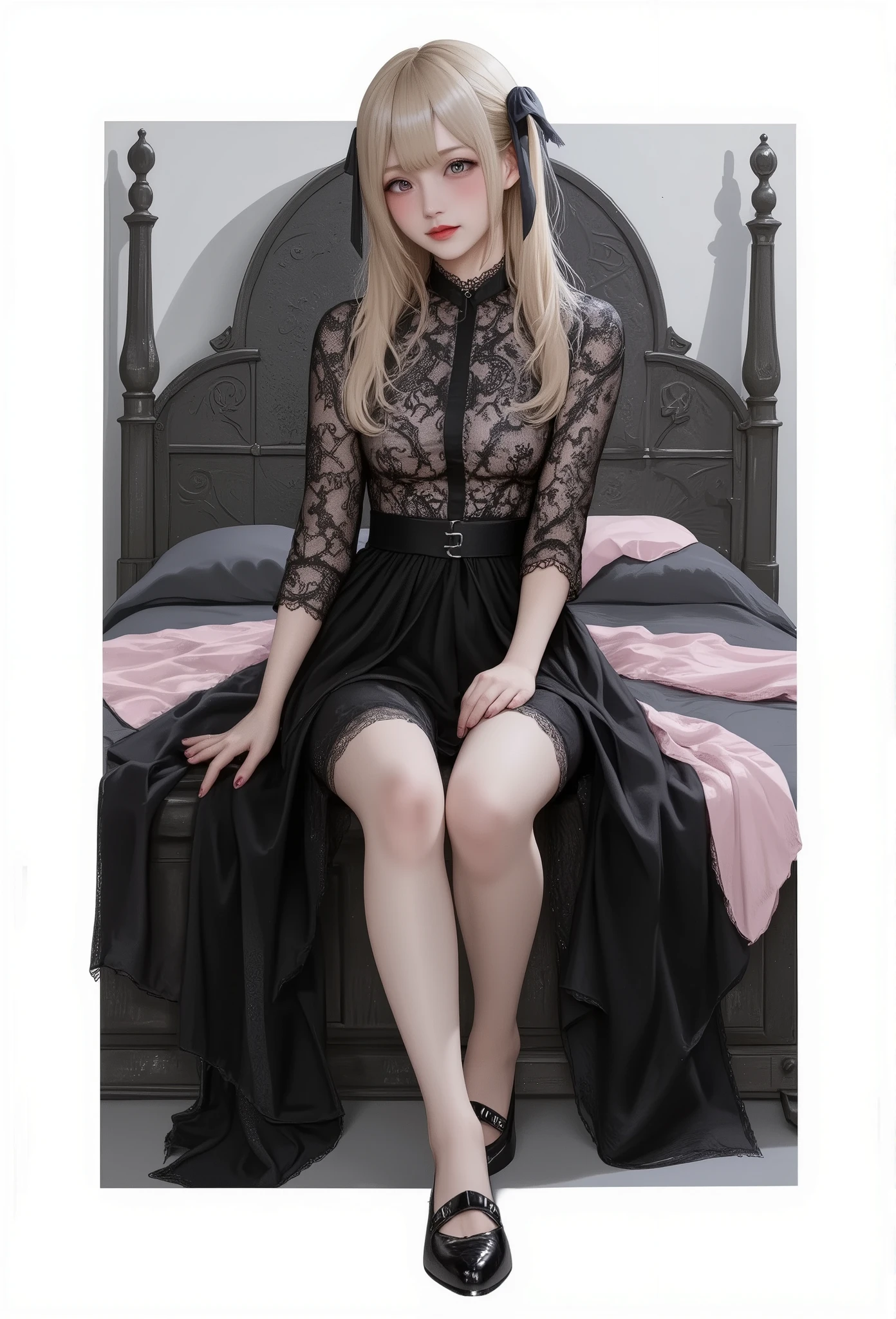 1girl,Jiraikei_Fashion_Flux, sits atop a grand, medieval bed in a dimly lit, ominous castle. Her legs are crossed confidently, and she wears a dark lace dress adorned with pastel pink accents. Her blonde twin tails tied with black ribbons gently fall over her shoulders,**Focus on her back during the scene,**Jiraikei,upper body,from behind,dark medieval castle, foreboding atmosphere, crossed legs**.white background,simple background