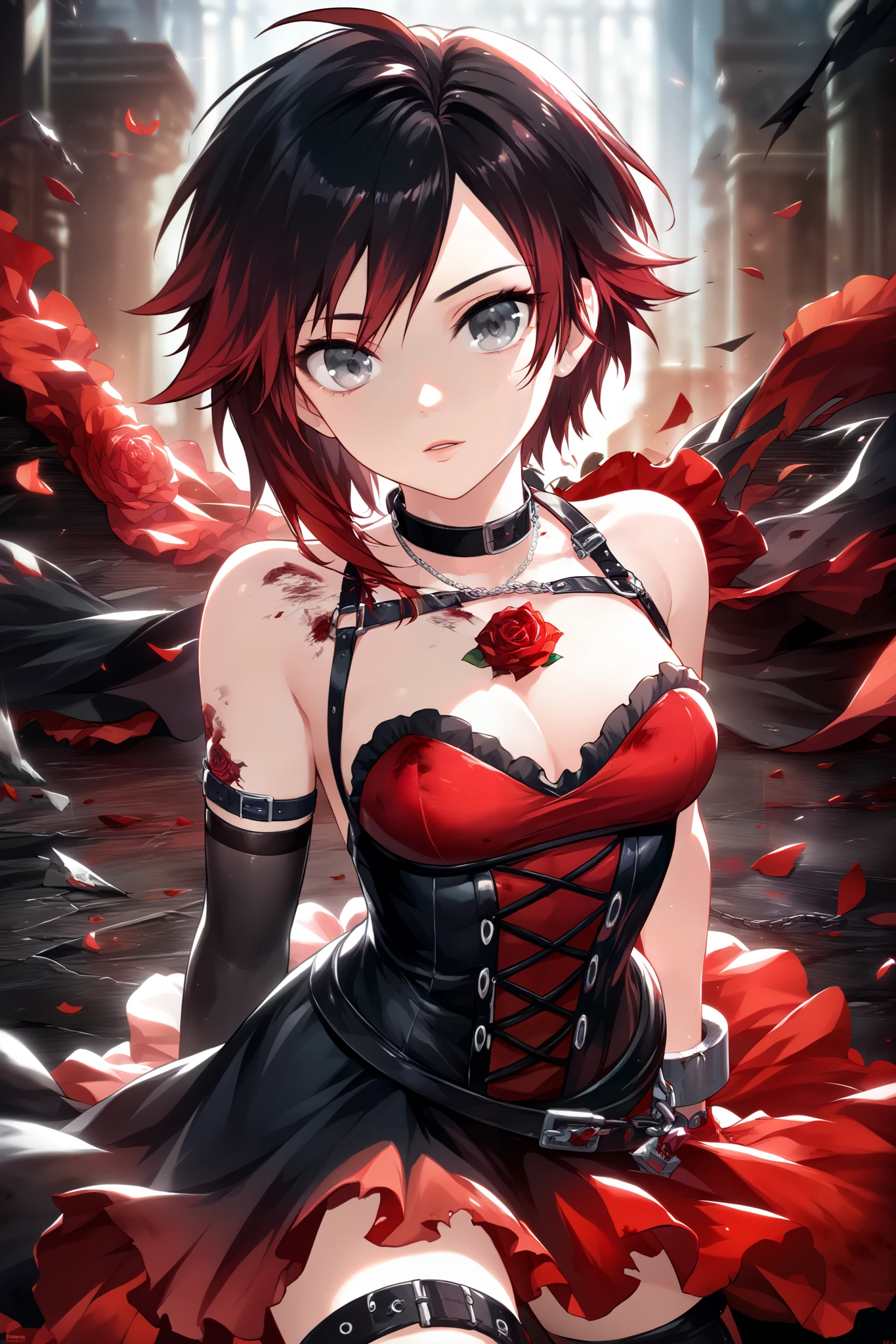 Ruby Rose, Ruby Rose,  corto,  Black hair, redhead, (grey eyes:1.5),
Break dress, shackles, layer,
Break looking at viewer,
Break outdoors,
Break ( Masterpiece:1.2), Of the highest quality, high resolution, 8k unit wallpaper, (form:0.8), ( Fine and beautiful eyes :1.6),  very detailed face, perfect lighting, Highly detailed CG, (manos perfectas, perfect anatomy),