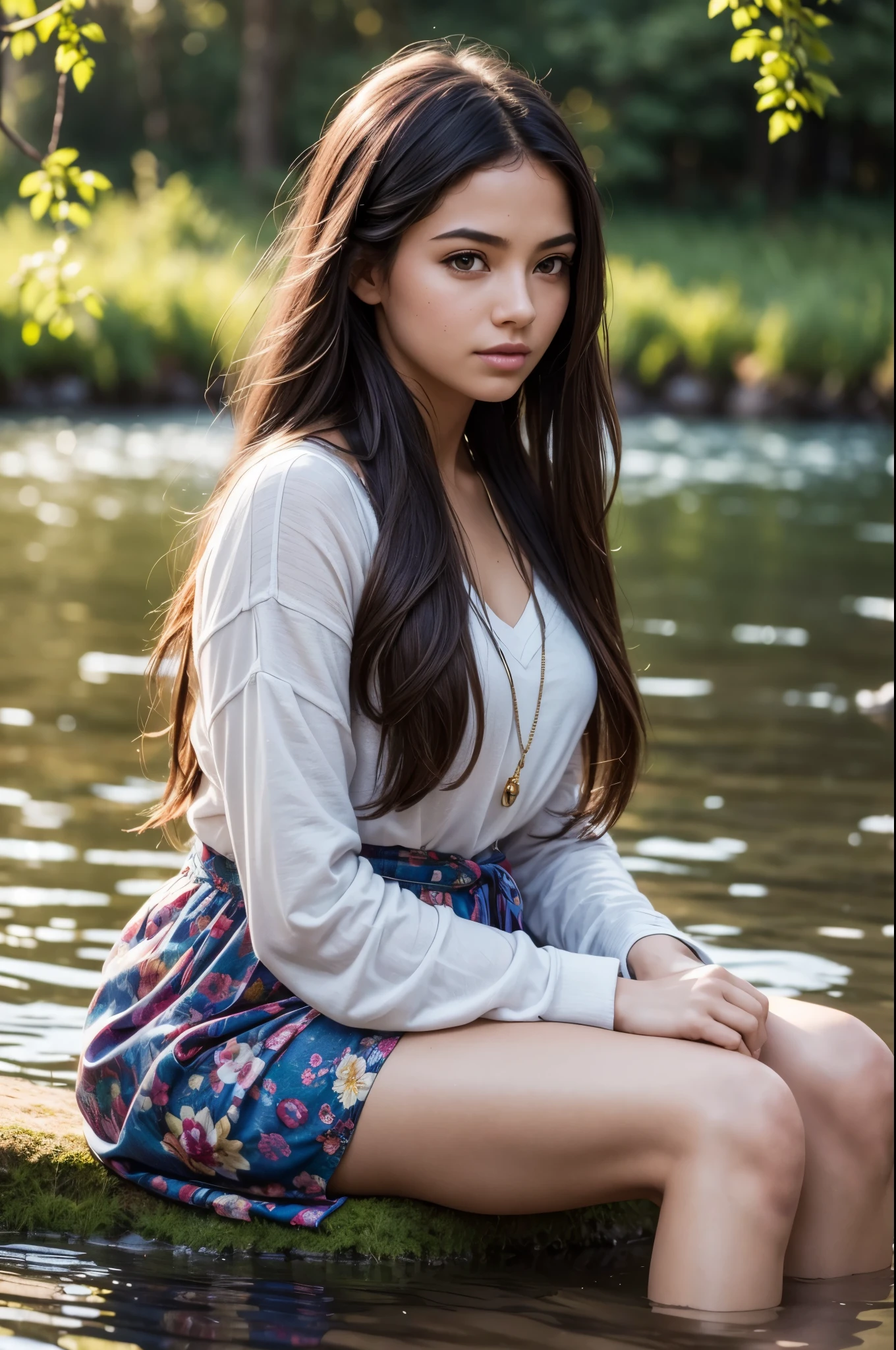 a beautiful 20 yo girl sitting on the water, long flowing hair, serene expression, soft light, calm lake, (best quality,4k,8k,highres,masterpiece:1.2),ultra-detailed,(realistic,photorealistic,photo-realistic:1.37),HDR,UHD,studio lighting,ultra-fine painting,sharp focus,physically-based rendering,extreme detail description,professional,vivid colors,bokeh,portrait,cinematic lighting,natural scenery,soft focus