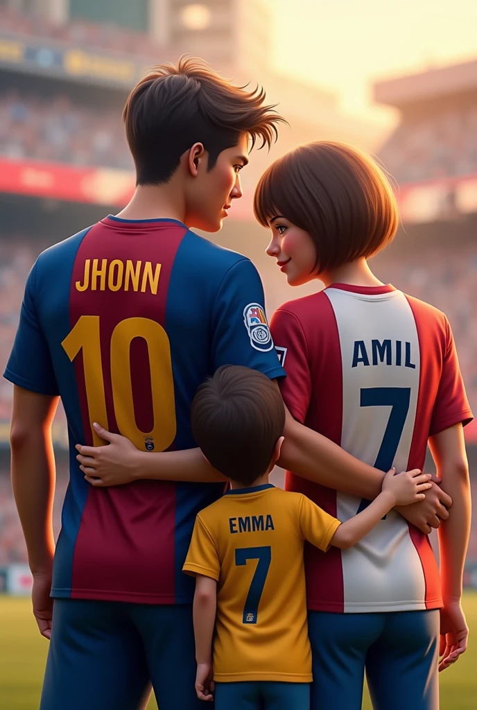 Woman and man from back number 7 named Katleen and the Real Madrid shirt and number 9 named Erick and the Manchester City shirt and the girl with her hair tied to one side 