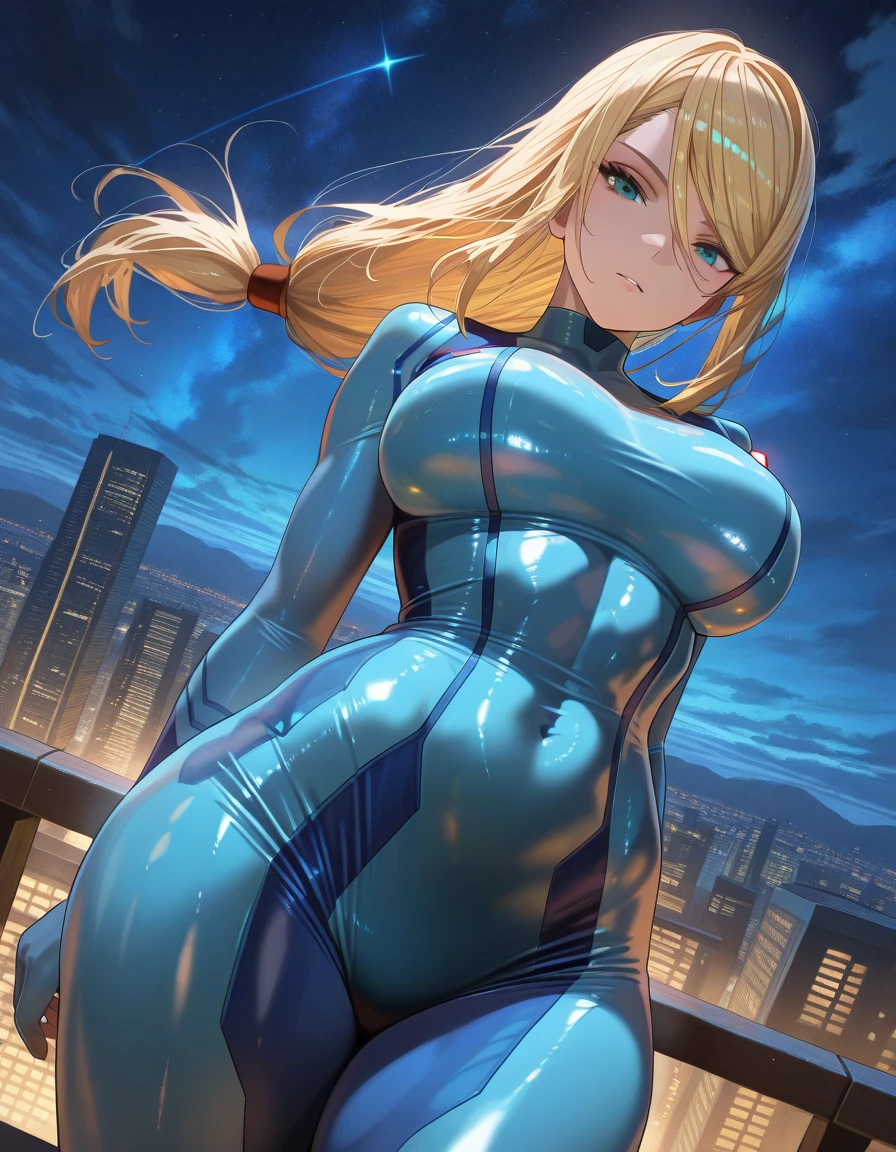 (nsfw:1.4), Best Quality,(beauty), 1girl,phisically-based render ,ultra highres,(cowboy shot:1.5), (mesh bodysuit:1.3), bare breasts, narrow waist, skinny, LeonaMS, big blue eyes,long legs,puffy eyes, leather belt,(rainy city), shiny skin, facing viewer, Victory posture,masterpiece, best quality, samus aran, ponytail, hair tie, (completely torn  blue bodysuit:1.5), upper body, looking at viewer, furrowed brow, holding handgun, hand to hip, outer space,