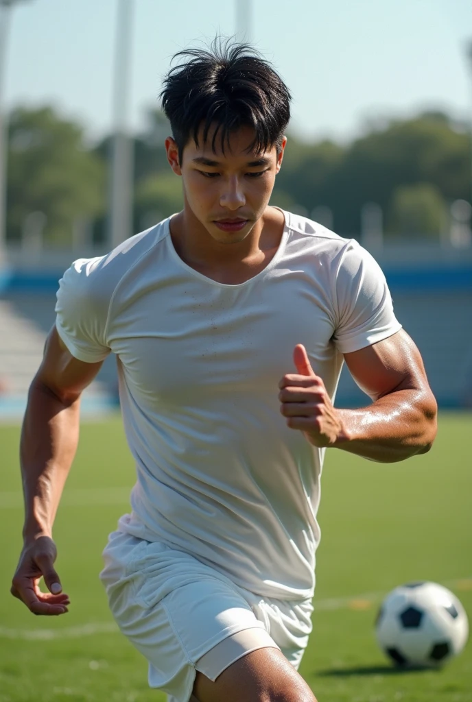 Create a realistic k photo of a handsome Chinese gentleman teenager with sharp features, a defined six-pack, a toned physique, and a tanned complexion. He's wearing yellow football shorts and is sitting with his legs stretched out on a football field on a day with heavy rain. His body and clothes are drenched in the downpour.