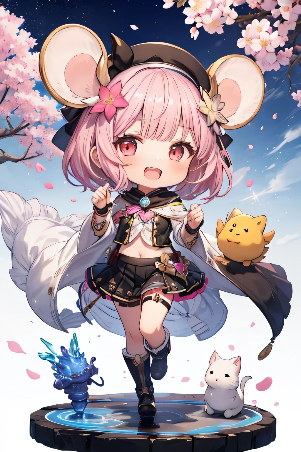 happy girl ( showing teeth), standing, combat pose,  pink hair color,  mmorpg background ,  mmorpg background (castillo, rainbow, custody, stars, Bubbles), complete anatomy,   graphic effects ,  ornament of a flower-shaped accessory on the head, aura, white beret, height 159 cm  ( 5 feet 3 inches ),  summoning circle, Castea skill Eccentric Parade(granblue fantasy), Blue Fire Force +vapor,  fire around, strong breeze ,  sakura petals and leaves, primera persona, blush,  looking at the spectator, Charm, Pausa de toque ciego  looking at the spectator,  very detailed face , 8K, light and shadow effect.  Masterpiece,  The Best Quality , fullbody, Chibi, , (change:1.2), Nendoroide, PVC models 