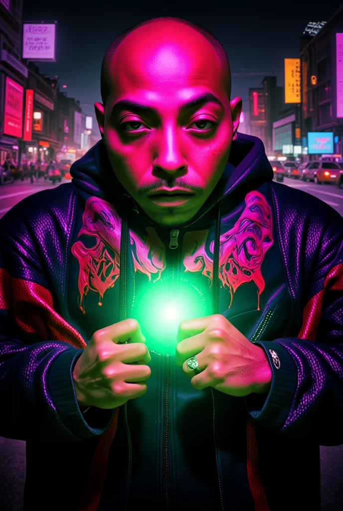  A Hip Hop Album Cover Art of A cinematic shot of a bald-headed urban wizard with a muscular build are 25 caramel brown skin tone and Detailed hand
Hand
Perfect hand::5.1 . He is wearing a wizard robe and a Luxury fashion monogram with the colors red and purple. The text "NA LISTEN"::5.6 is displayed on the robe. The wizard is casting a spell and has a stoic expression. The background is dark. green neon energy power emanating from hands vibrant contrasting cityscape background. palette of purples, greens and reds to evoke a sinister yet retro feel. In the background, show a gritty urban scene. The a man should be in a dynamic pose, embodying his unpredictable and dangerous personality. Add classic comic book elements 