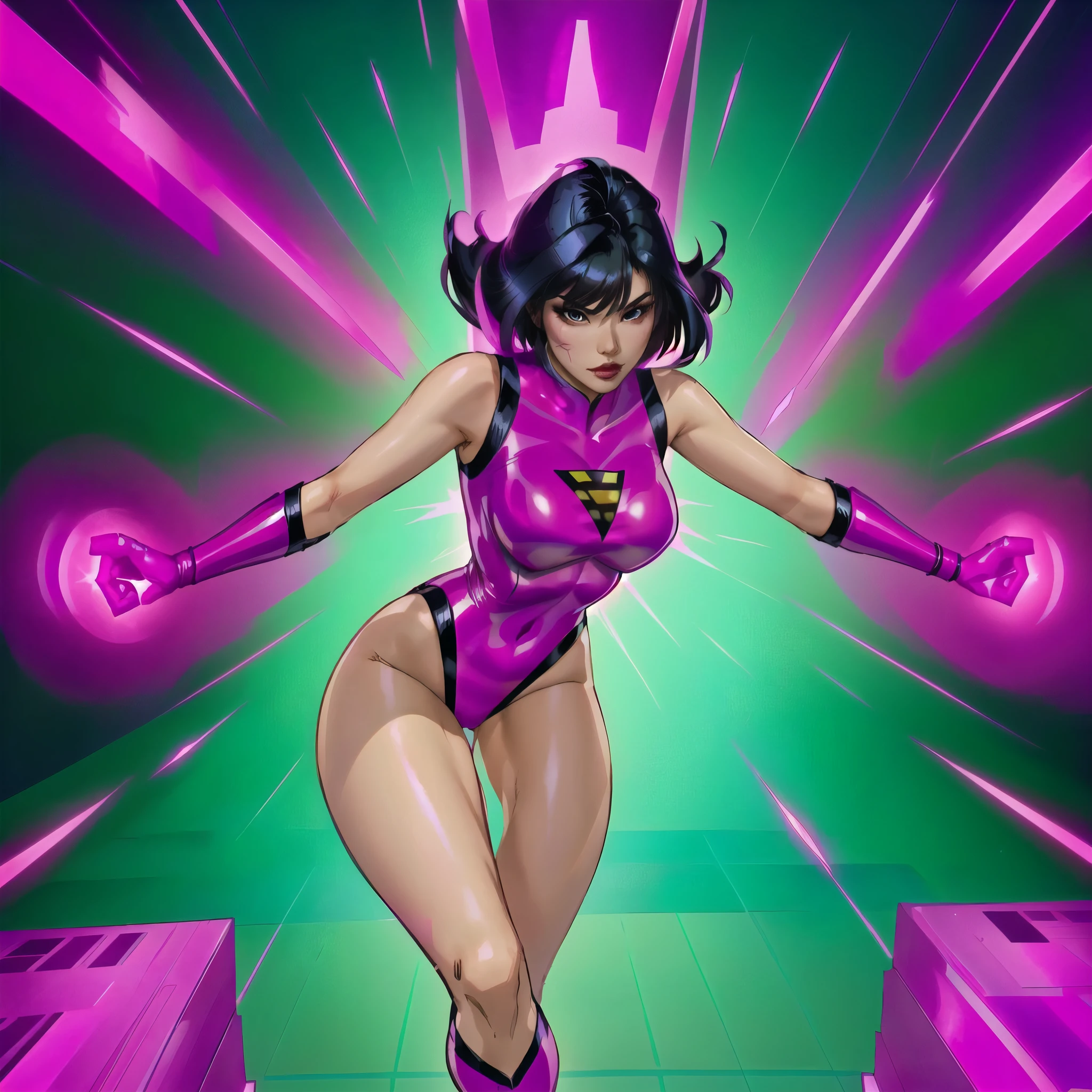 (solo) An asian female superhero with medium length black hair wearing a fuchsia latex costume passing through a pink shiny magic dimensional portal. Action pose. Comic book style. Thick inked outlines 