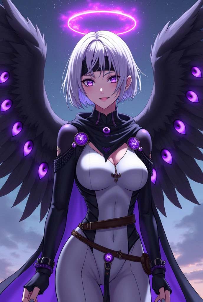 1girl, solo, a anime woman with white hair and black clothes, ((white background)), (yoga), yoga master, Dhalsim, floating magic, sitting on the air pose, meditating, meditation pose, lotus pose, (white ponytail), ((black hooded jacket)), (tanned skin), Japanese girl, Japanese JK, degenerate personality, teenage, female anime, (white eyeballs), (purple vertical eye pupils), (light purple pupils), (tanned), fair skin, smooth skin, big breasts, dropped hood, text 'R03' on chest, white snake around body, ((tiny purple devil wings on her back)), ((purple bat wings)), tied silver hairs, middle length hair, hidden body, clothes over all upper body, ((black down jacket)), black sweater, black tight shorts, black running shorts, hidden boob, covered breasts, hide all belly parts, see through black tights, ((black fishnet tights)), sitting facing in lotus pose meditating, with her eyes open looking at the viewer, floating above the ground, photorealistic, (buddha), large perky breasts, toned, dark skin, (no shoes), black clothes and silver white hairs, gothic style, absurdres,detailed eyes, glowing eyes, light purple eyes,((slit pupil)), beautiful, masterpiece, best quality, extremely detailed face, perfect lighting, extremely detailed, volumetric lighting, realistic, realistic lighting, 8k, cinematic lighting, depth of field, perfect, hyper-detailed, photorealistic, ultra realistic, realistic light, hard lighting, intricate details, stop motion, tonemapping, sharp focus, hyper detailed, a woman in lotus pose floating above the ground, (((fishnet stockings)))),((silver white ponytail)), (hand lay on thigh), (((opened hands))), beautiful hands, ((beautiful face)), (dark purple wings), ((look at POV)), (white eyeballs), (purple vertical eye pupils), (light purple pupils), (tanned), (( with her eyes open looking at the viewer)), (((((purple eyes)))), (white eyes), ((((growing purple eyes))))