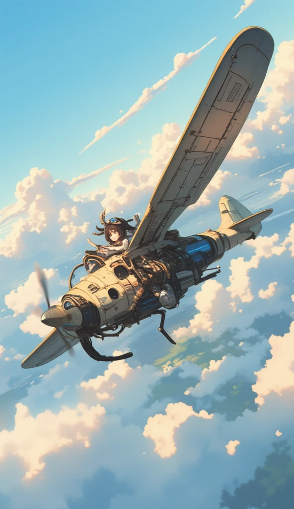  steampunk、Wide View、Flying in the sky、((( dragonfly flying on a steam engine、Canopies made of hardened plastic、Extremely simple construction、Internal combustion engine、Aquarium、Fuel tank、Small single-seater airplane :1.7、 very smooth fuselage、Flapter )))、A girl sits at the pilot 、goggles、