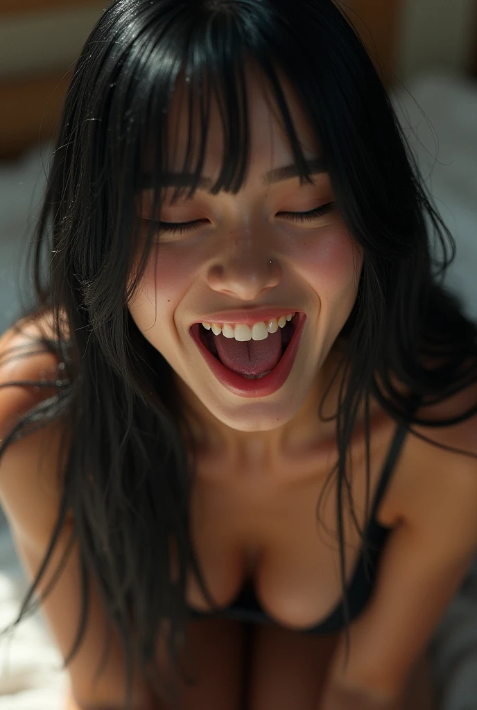 female Filipina young teen, mouth very wide open and smiling, mouth full of cloudy water, eyes open, long hair, wearing pink lingerie, extreme skin detail, ultra realistic, 8k, wallpaper, kneeling on floor, viewed from above