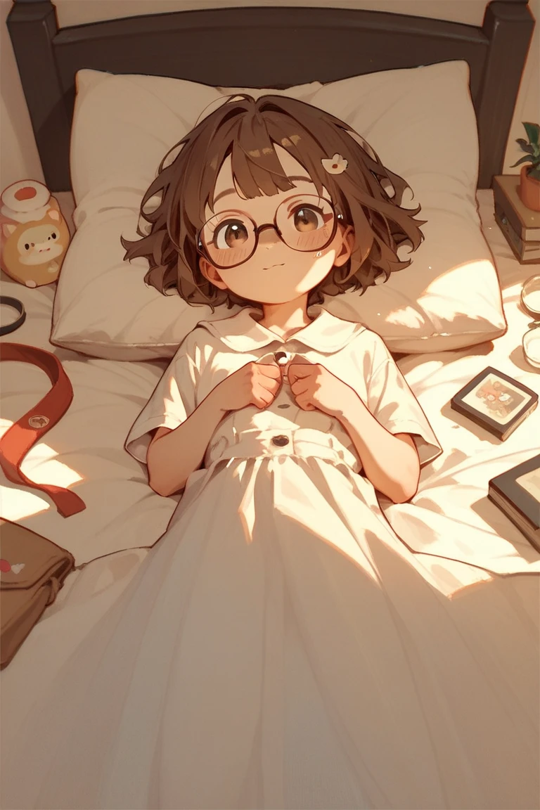  Cute Anime Girls ,  Brown Hair,Glasses,  on bed ,  ahehe