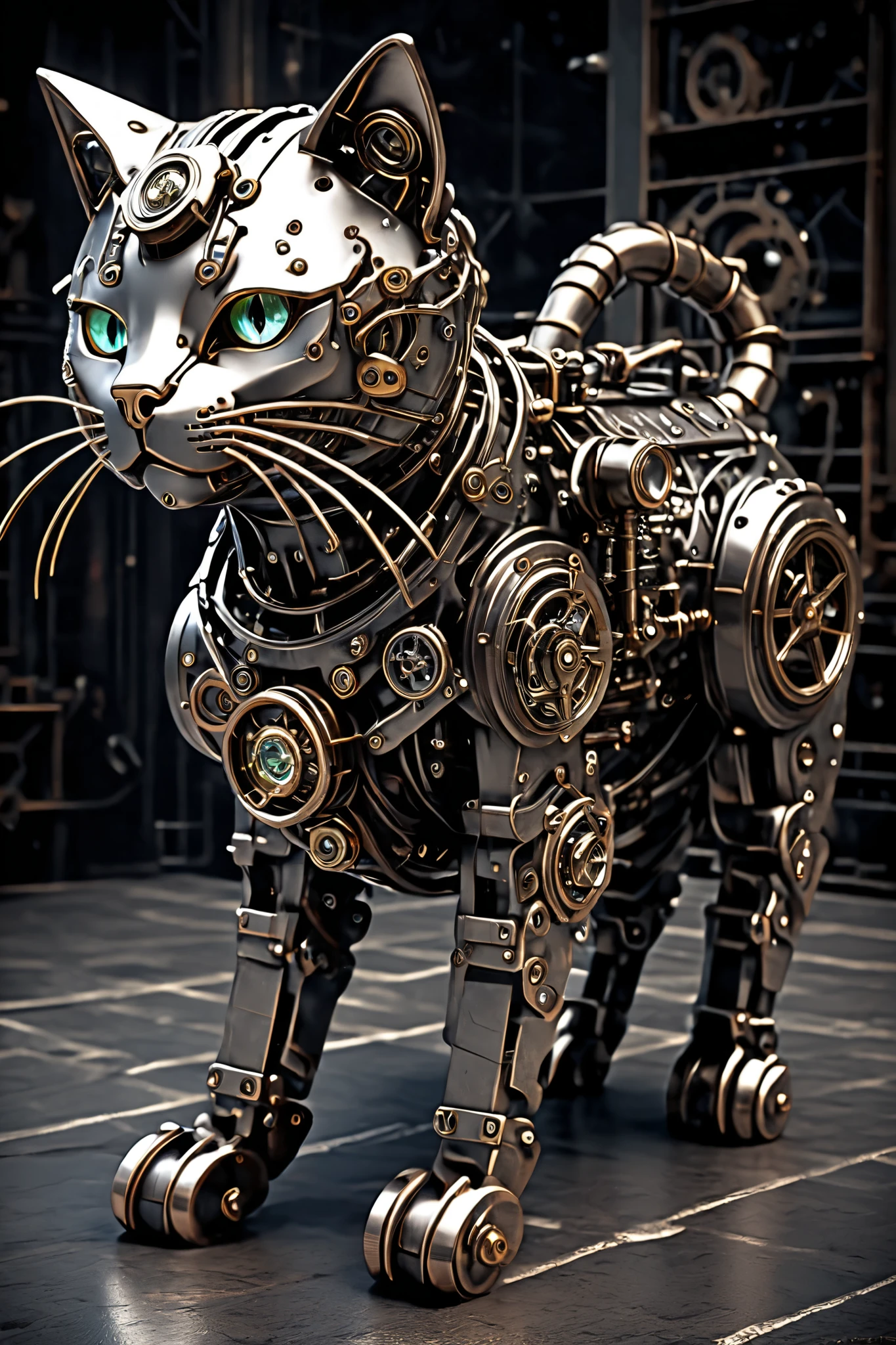 mechanical cat  , whole body, steampunk metal material ,Detailed Gear,    sparkling eyes    ,Glossy surface,  MECHANICAL MOVEMENT  ,  realistic なデザイン,(  top quality,   high definition  ),(  realistic  :1.37),(   high definition  ),( Industrial , steampunk),(  cool tone  ),   SOFT AMBIENT   