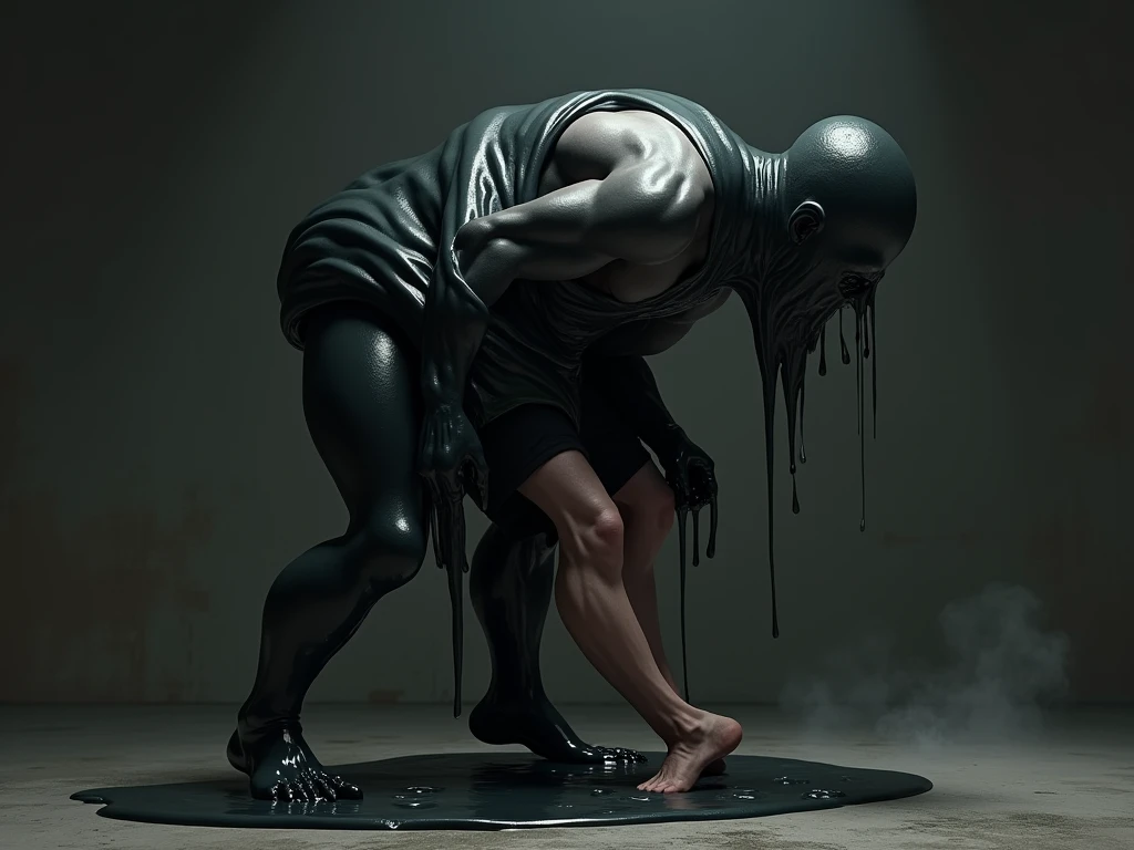 bs, solo, full body, simple background, monochrome, greyscale, bodysuit, thick black liquid falling all over his body, black background, 1other, bodybuilder with shaved head, very tall, arms on head, UHD, retina, masterpiece, accurate, anatomically correct, textured skin, high details, super detail, high quality, award winning, highres, best quality, 4K
