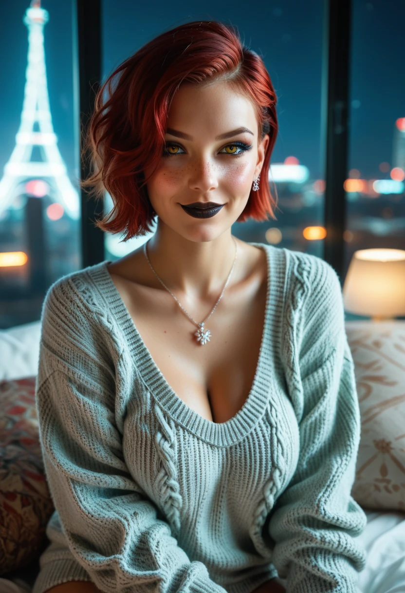 1girl, solo,( lips,Exquisite yellow eyes, short hair, red hair, freckles, black lips, makeup,goethe makeup:1.2),
large nature breasts,  cleavage,
sidecut hair,Sidecut,blushing ,
detail areola,
upper body,sitting,
white underwear,
eye contact to viewer,
looking at viewer, light smile,
(mint color_Loose knitted sweater:1.2),
bed raoom,necklace,,pillow, cushion,
City night view huge windows,neon lights,
masterpiece, best Quality,film Grain,dispersion effect,vivid color,cinematic lighting,
score_9, score_8_up, score_7_up, score_6_up,
