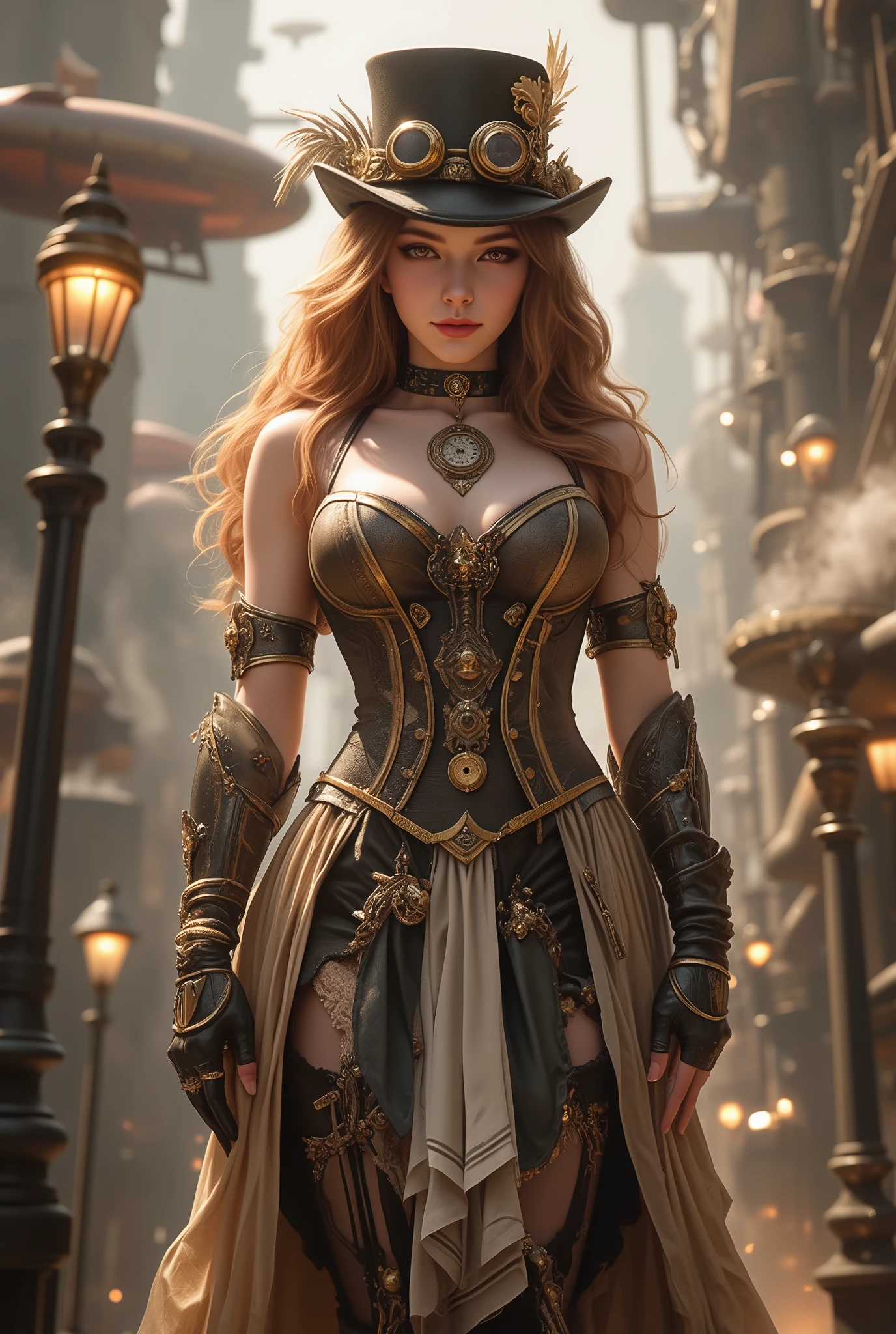 A stunning steampunk-themed woman standing confidently in a detailed, elaborate outfit, Her ensemble features a corset adorned with brass gears, leather straps, and intricate metallic patterns, paired with a high-low skirt with layers of flowing fabric and lace, She wears a top hat decorated with goggles, feathers, and tiny clockwork pieces, Her accessories include fingerless gloves, a choker with a vintage clock pendant, mechanical arm braces, Her hair is styled in voluminous curls with streaks of copper, complementing the warm, metallic tones of her attire, background features a bustling steampunk cityscape with towering brass gears, intricate pipes, and airships floating in the smoky sky, glowing streetlamps and steam vents add a dramatic flair, while warm sepia tones and shafts of light streaming through the haze create an atmospheric scene, The image emphasizes a harmonious blend of fantasy and Victorian-era industrial aesthetics, with intricate details in both the woman's attire and the environment,