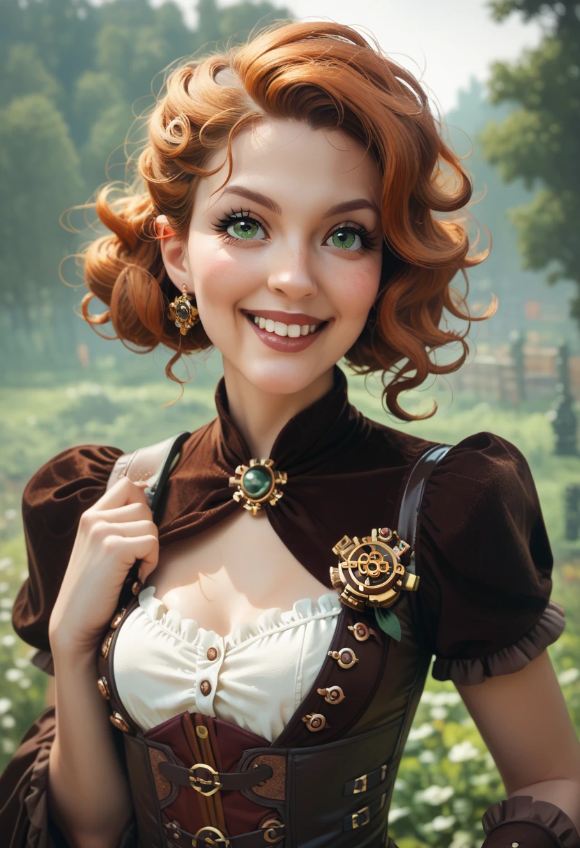 1girl, in steampunk clothes, orange hair, short hair, French bob, green eyes, smiling