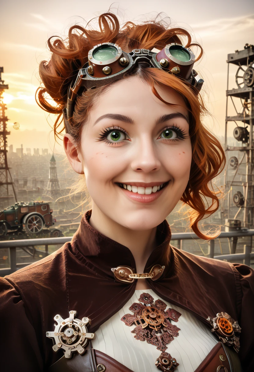 1girl, in steampunk clothes, orange hair, short hair, French bob, green eyes, smiling, (best quality,4k,8k,highres,masterpiece:1.2),ultra-detailed,(realistic,photorealistic,photo-realistic:1.37),detailed face, beautiful detailed eyes, beautiful detailed lips, extremely detailed eyes and face, long eyelashes, intricate machinery, gears, cogs, steampunk goggles, brass accessories, industrial background, warm lighting, vibrant colors, cinematic composition