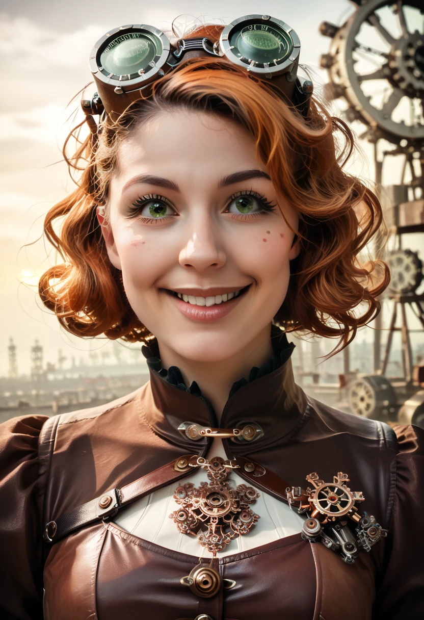 1girl, in steampunk clothes, orange hair, short hair, French bob, green eyes, smiling, (best quality,4k,8k,highres,masterpiece:1.2),ultra-detailed,(realistic,photorealistic,photo-realistic:1.37),detailed face, beautiful detailed eyes, beautiful detailed lips, extremely detailed eyes and face, long eyelashes, intricate machinery, gears, cogs, steampunk goggles, brass accessories, industrial background, warm lighting, vibrant colors, cinematic composition