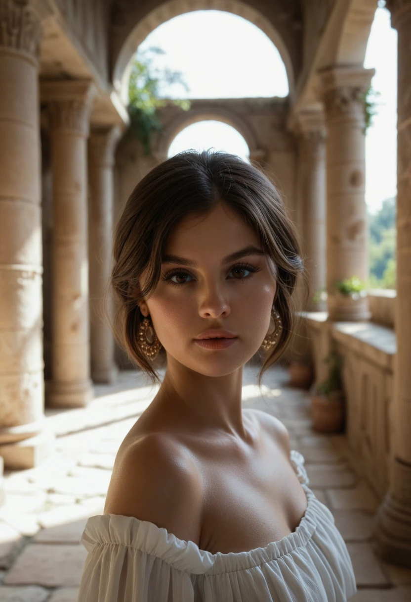 selenag woman, brown hair, brown eyes, white toga in roman ruins, masterpiece, dramatic lighting, detailed background, (depth of field), Selena Gomez