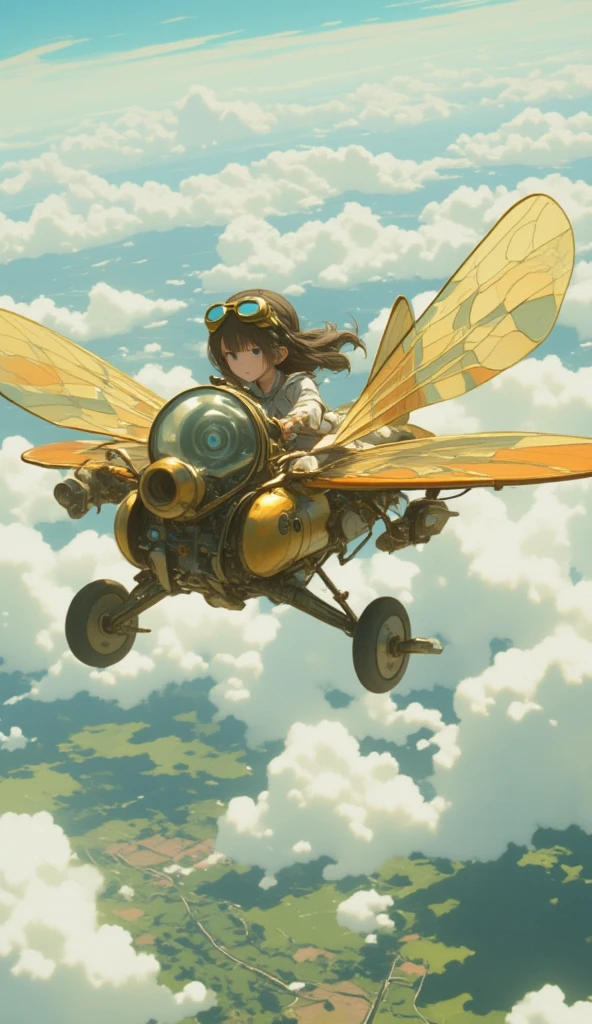  steampunk、Wide View、Flying in the sky、((( dragonfly flying on a steam engine、Canopies made of hardened plastic、Extremely simple construction、Internal combustion engine、water vapor、Small single-seater airplane :1.7、 very smooth fuselage、Flapter )))、A girl sits at the pilot 、goggles、