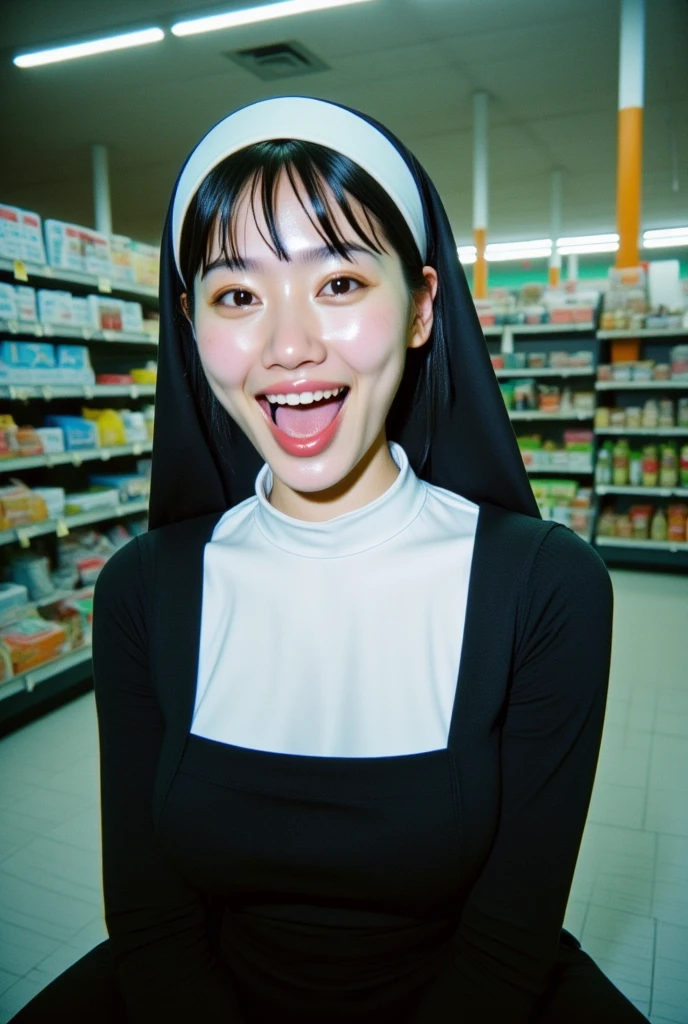 "" A Taiwanese woman with a creepy face ,  her face smiles in front of the camera directly . ,  costume and her expression a smile of surprise and humor .  She is dressed in The NUN  ,  in a realistic style ,  but the scene has a creepy and exaggerated horror effect.  The background is inside the room of a simple refrigerator shelf , .on the refrigerator shelf .  In the supermarket room  ,  some groceries  ,. adds to the humor of the situation . "