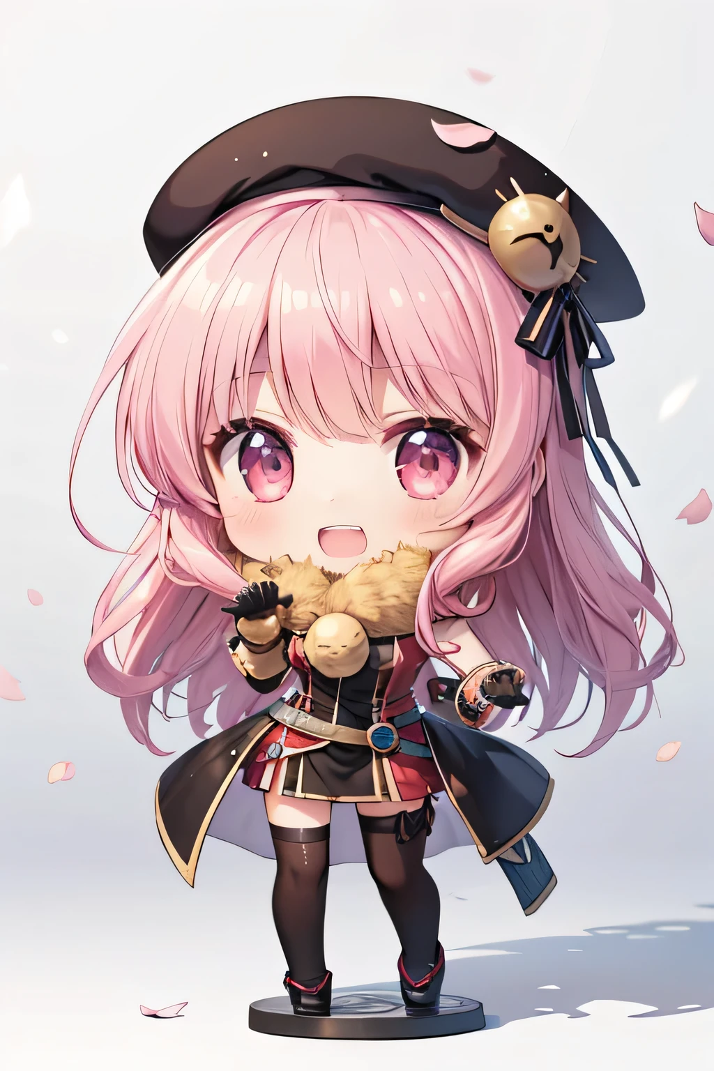 happy girl ( showing teeth), standing, combat pose,  pink hair color,  mmorpg background ,  mmorpg background (A stranger), complete anatomy,   graphic effects ,  ornament of a flower-shaped accessory on the head, aura, white beret, height 159 cm  ( 5 feet 3 inches ),  summoning circle, Castea skill Land Protector( ragnarok online ), Blue Fire Force +vapor,  fire around, strong breeze ,  sakura petals and leaves, primera persona, blush,  looking at the spectator, Charm, Pausa de toque ciego  looking at the spectator,  very detailed face , 8K, light and shadow effect.  Masterpiece,  The Best Quality , fullbody, Chibi, , (change:1.2), Nendoroide, PVC models 